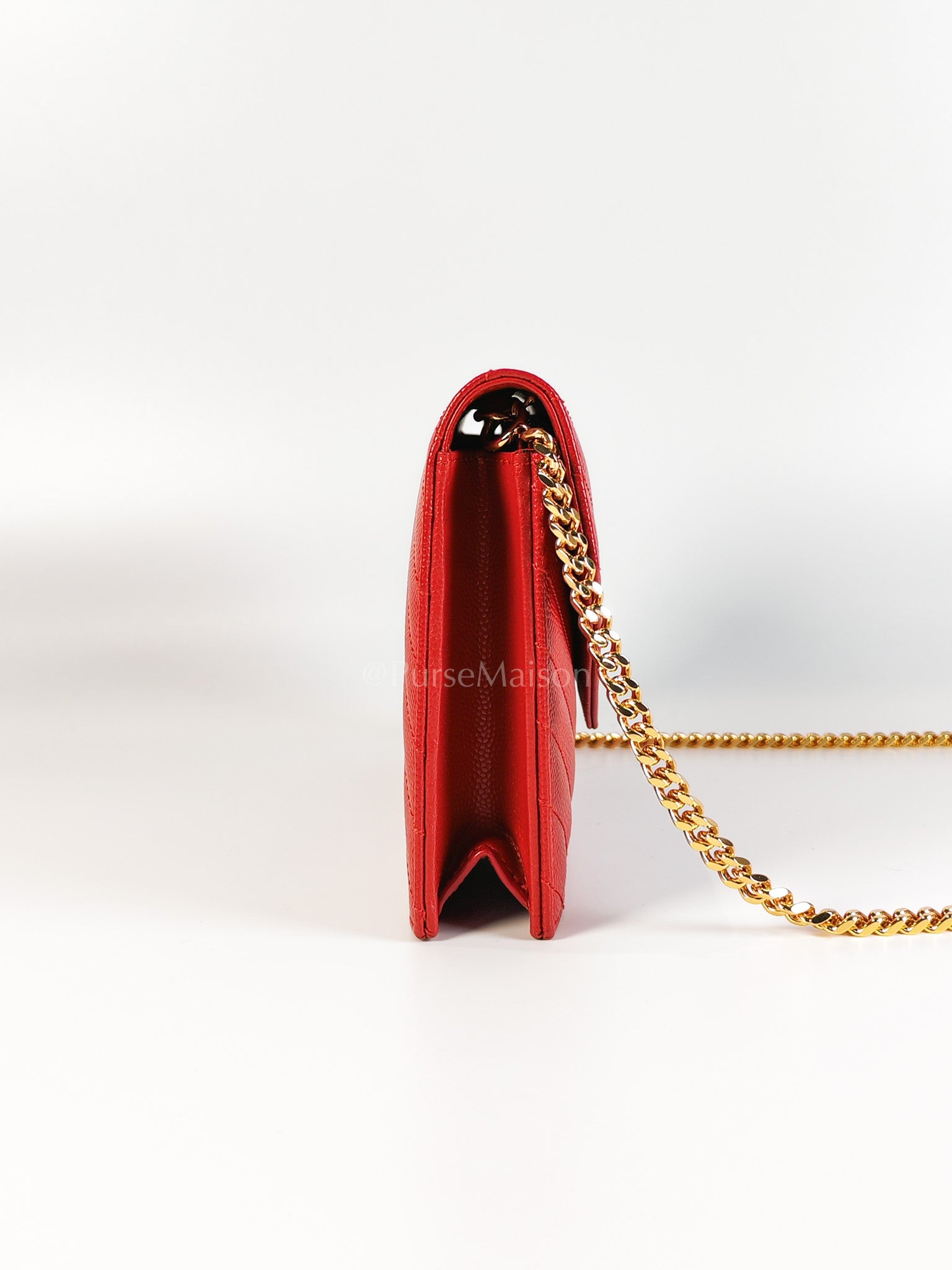 Cassandre Wallet on Chain (WOC) in Red Grained Calfskin Leather Chain Bag | Purse Maison Luxury Bags Shop