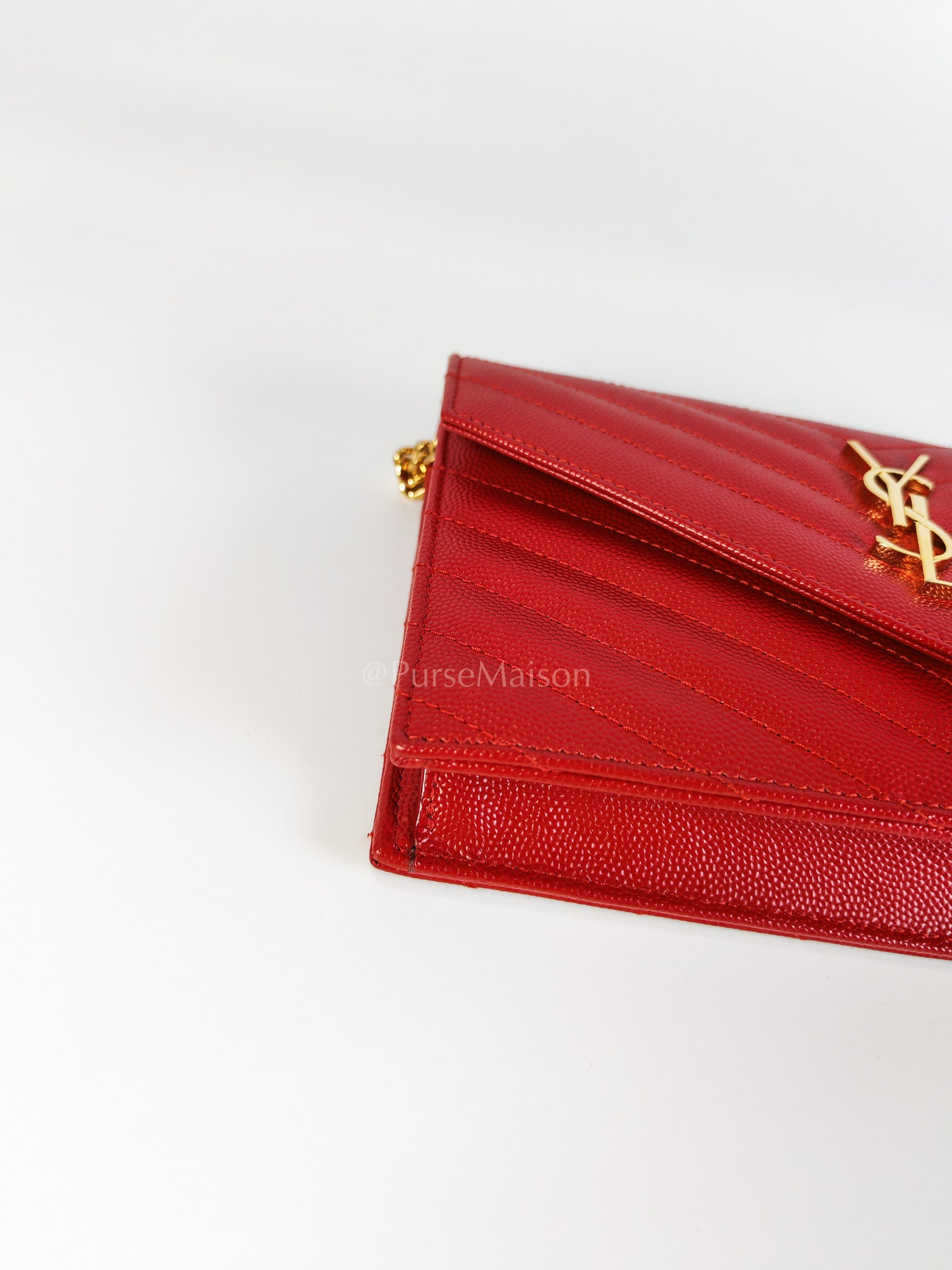 Cassandre Wallet on Chain (WOC) in Red Grained Calfskin Leather Chain Bag | Purse Maison Luxury Bags Shop