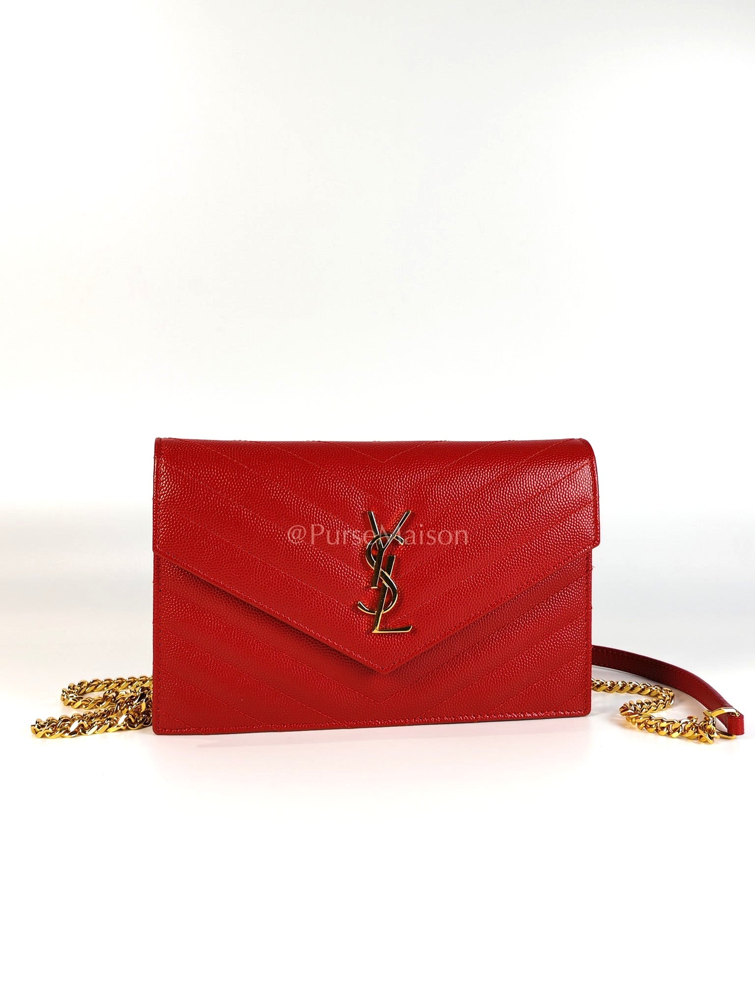 Cassandre Wallet on Chain (WOC) in Red Grained Calfskin Leather Chain Bag | Purse Maison Luxury Bags Shop