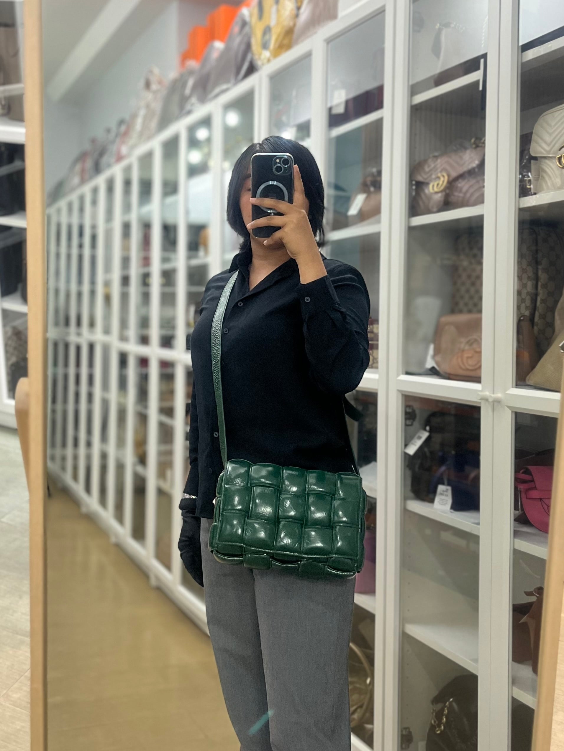Cassette Padded Green Intercciato Crossbody Bag | Purse Maison Luxury Bags Shop