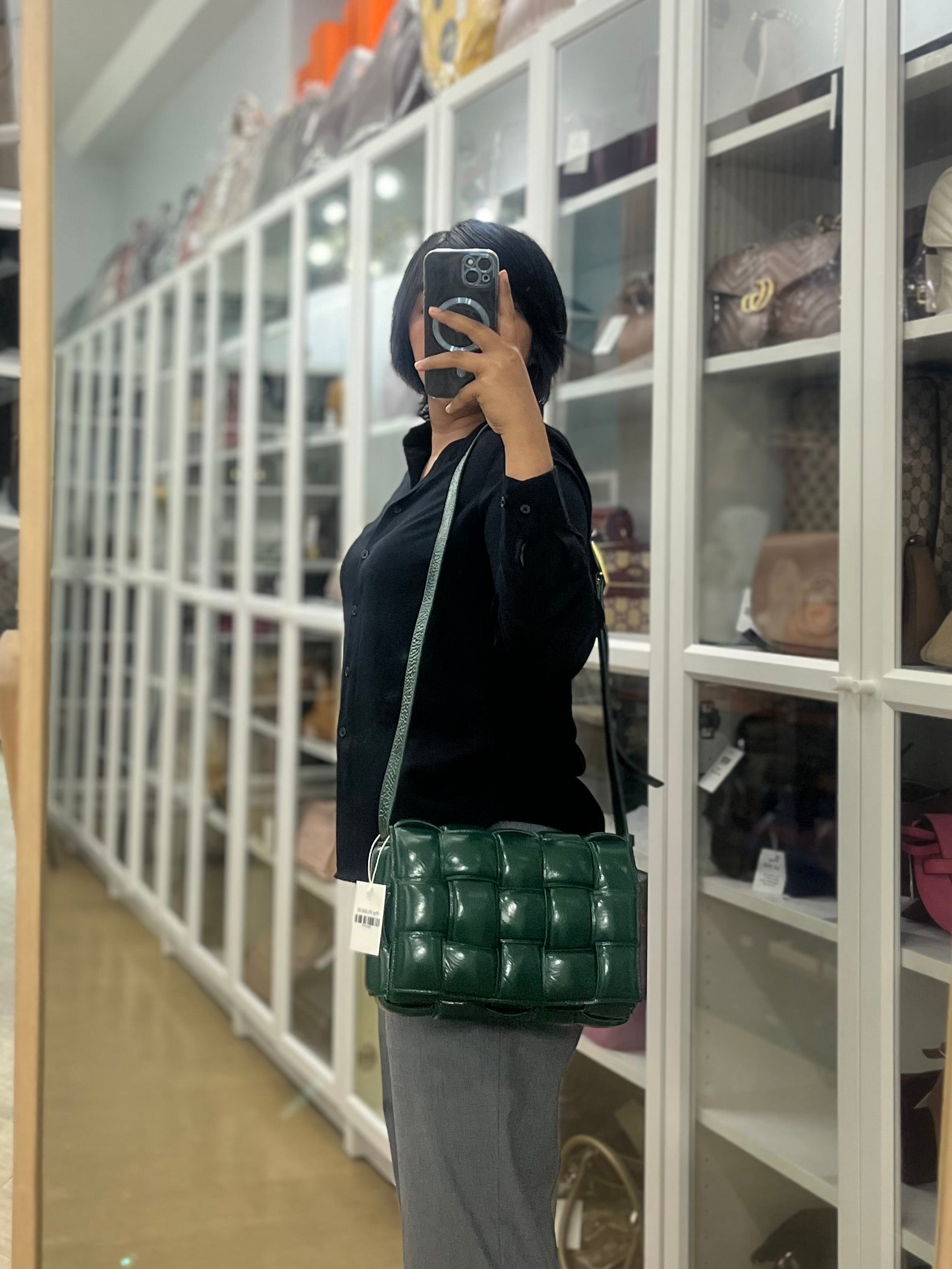 Cassette Padded Green Intercciato Crossbody Bag | Purse Maison Luxury Bags Shop