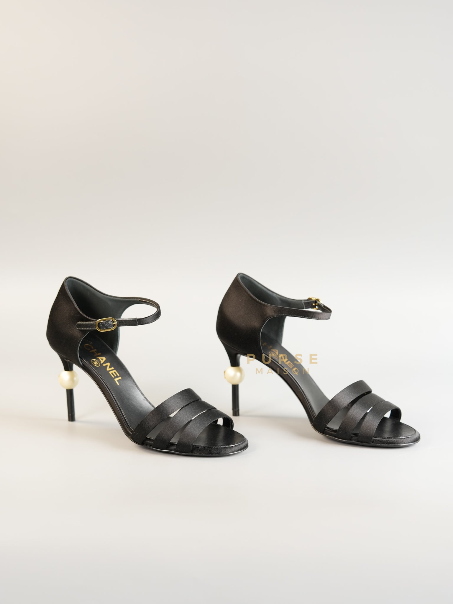 CC Black Strappy Sandals Satin Pearl Heels Size 37 (24cm) | Purse Maison Luxury Bags Shop