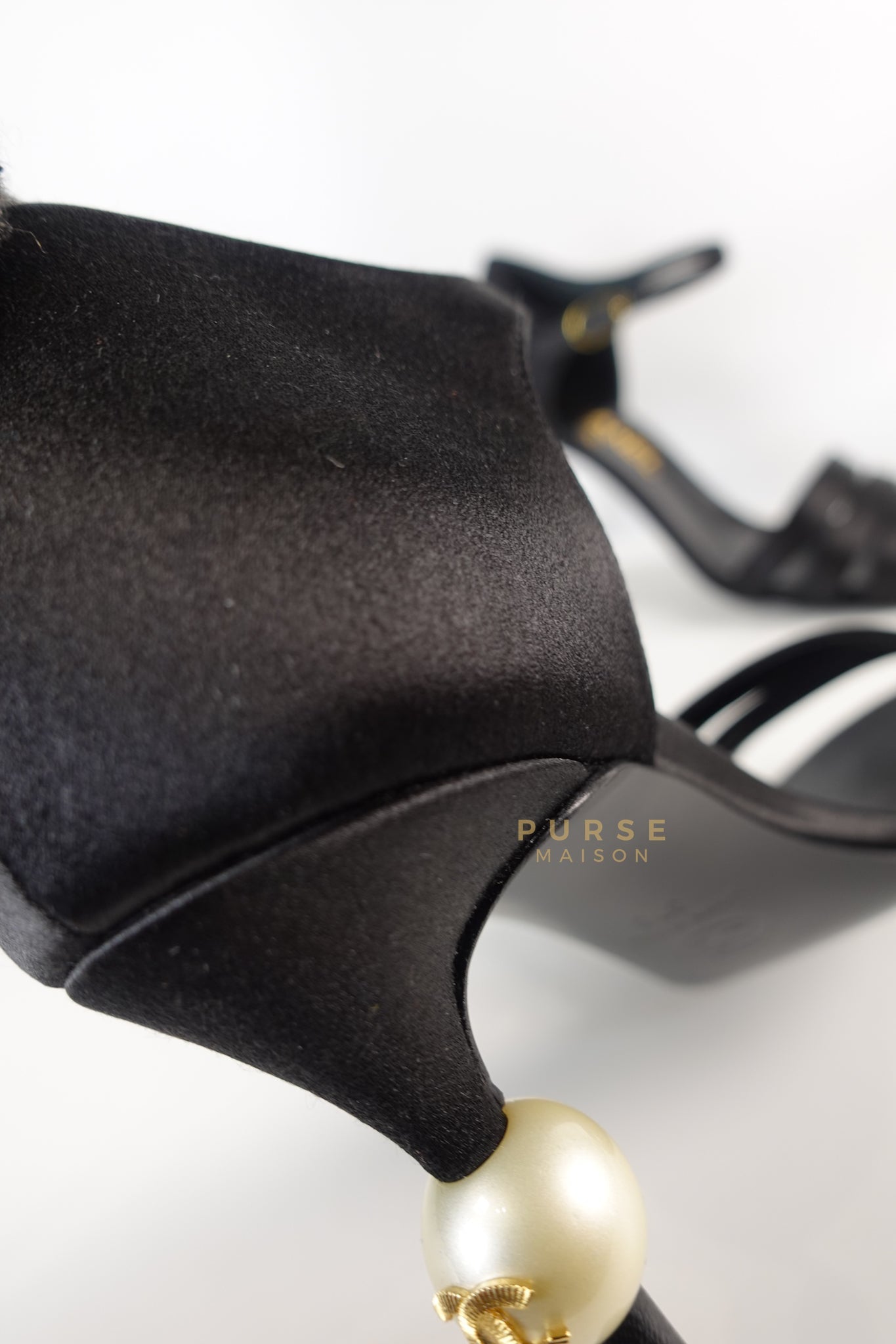 CC Black Strappy Sandals Satin Pearl Heels Size 37 (24cm) | Purse Maison Luxury Bags Shop