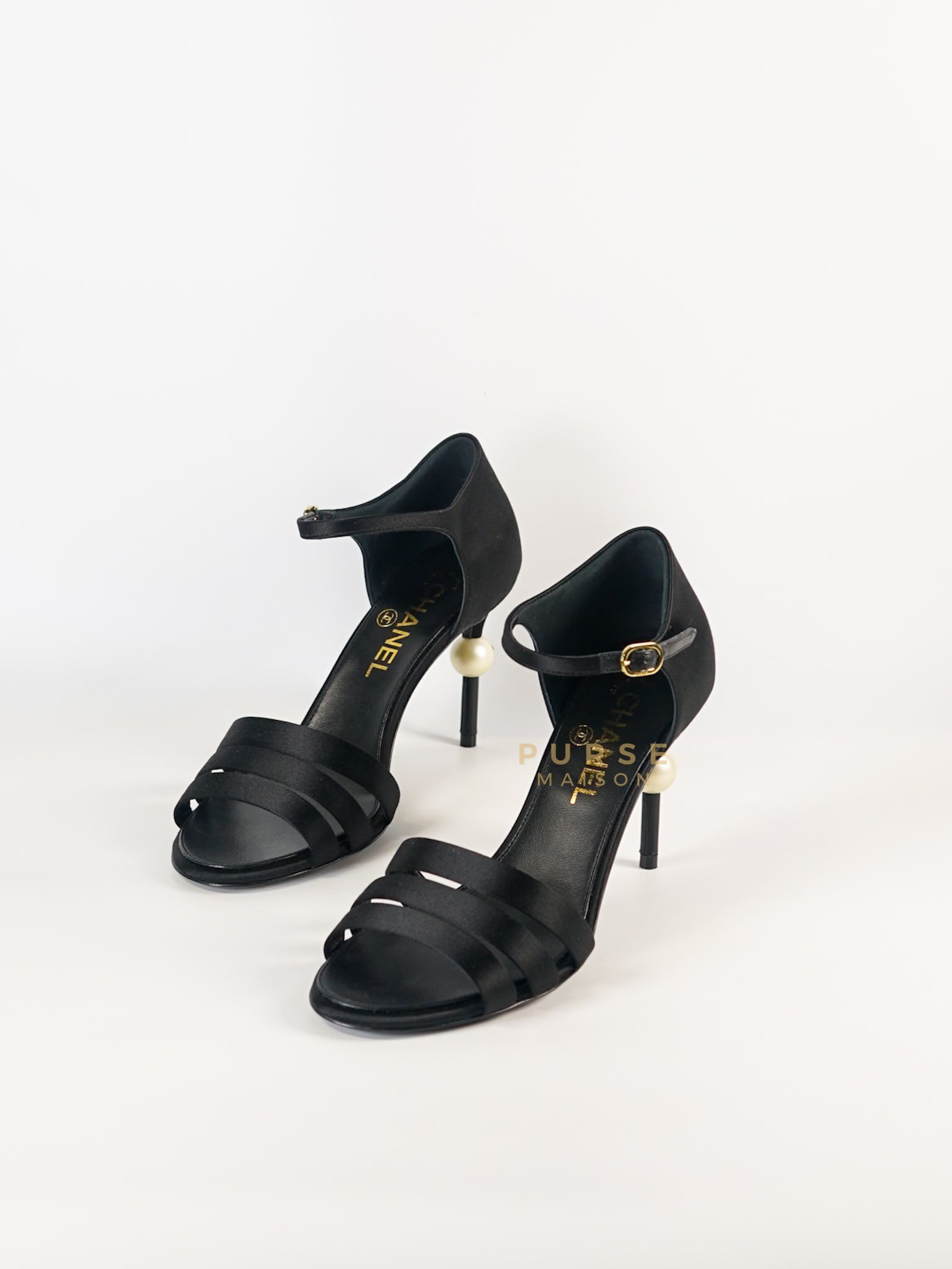 CC Black Strappy Sandals Satin Pearl Heels Size 37 (24cm) | Purse Maison Luxury Bags Shop