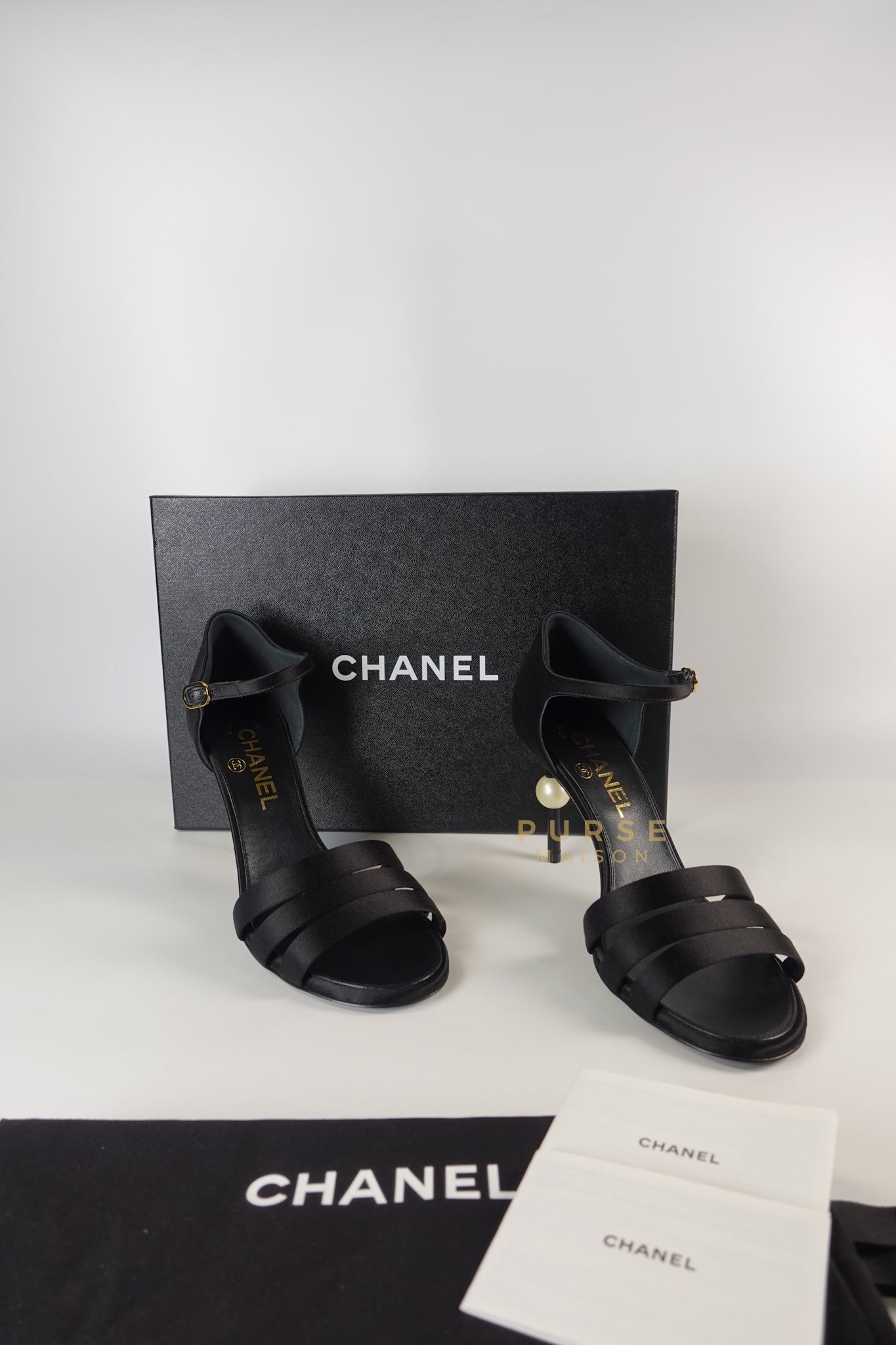 CC Black Strappy Sandals Satin Pearl Heels Size 37 (24cm) | Purse Maison Luxury Bags Shop