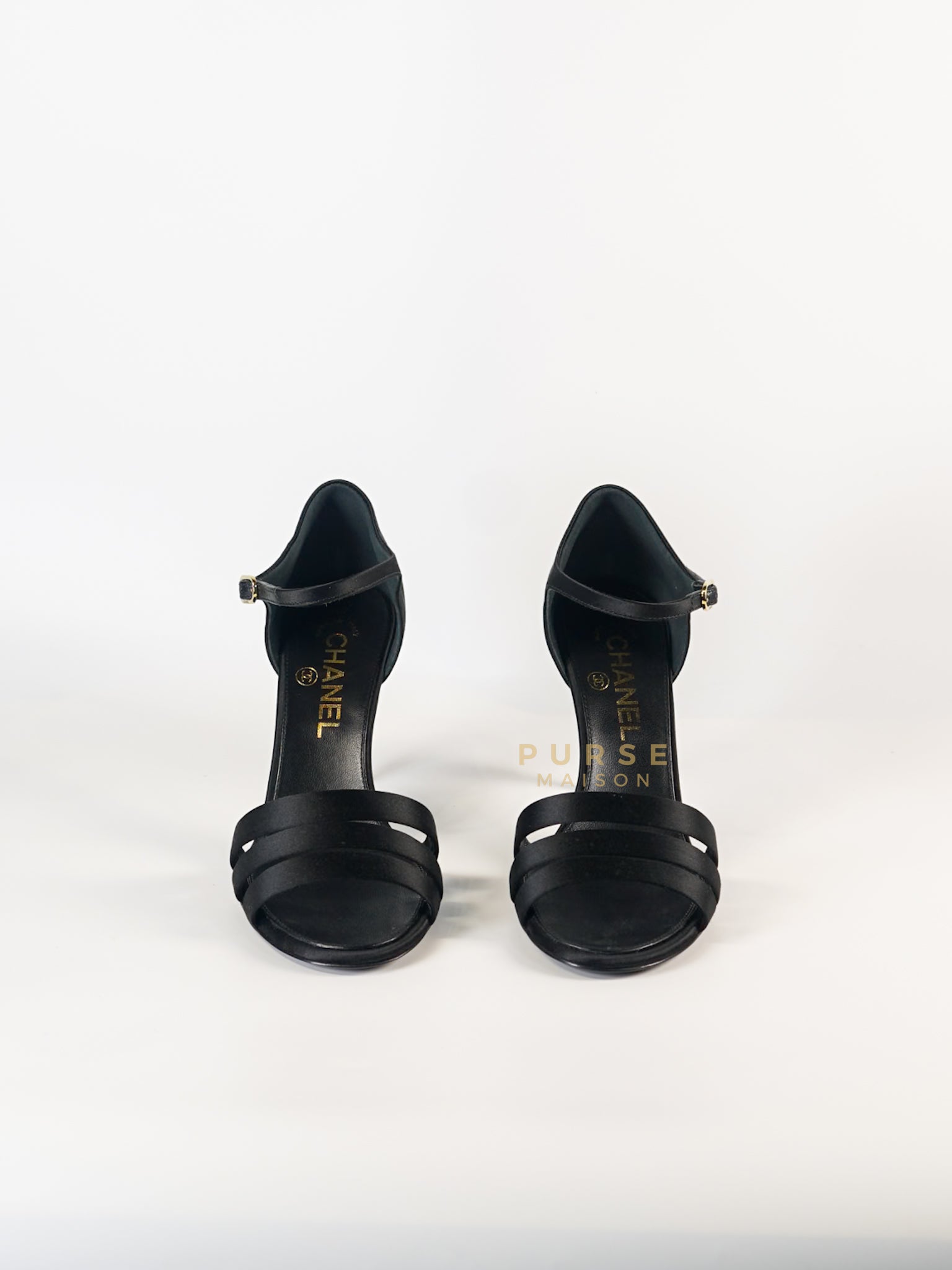 CC Black Strappy Sandals Satin Pearl Heels Size 37 (24cm) | Purse Maison Luxury Bags Shop