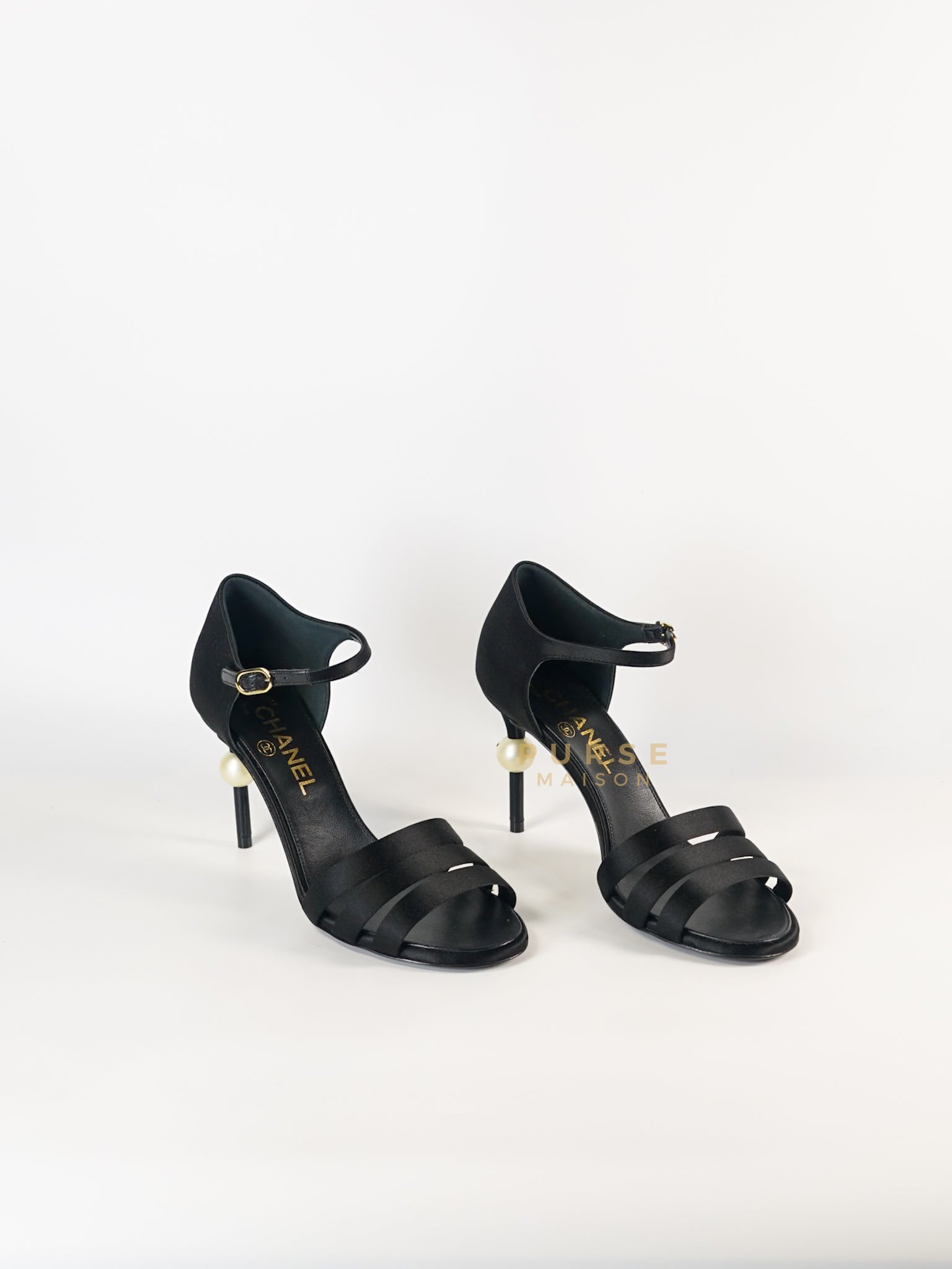 CC Black Strappy Sandals Satin Pearl Heels Size 37 (24cm) | Purse Maison Luxury Bags Shop