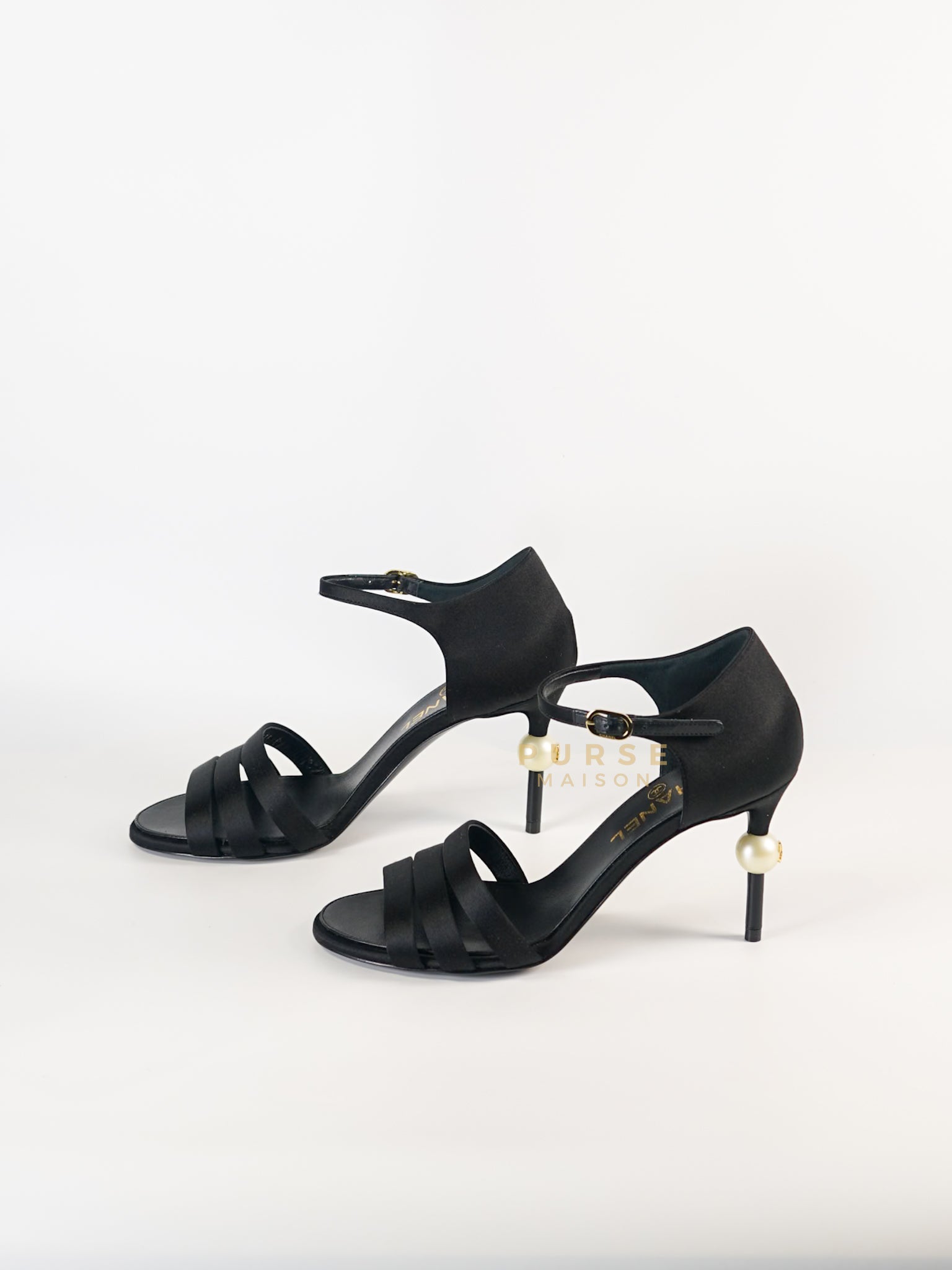 CC Black Strappy Sandals Satin Pearl Heels Size 37 (24cm) | Purse Maison Luxury Bags Shop