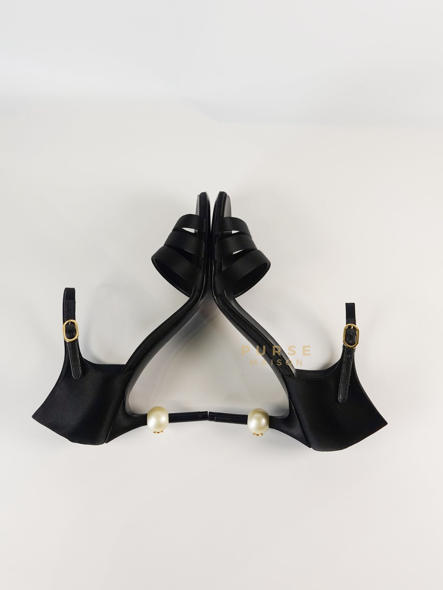 CC Black Strappy Sandals Satin Pearl Heels Size 37 (24cm) | Purse Maison Luxury Bags Shop