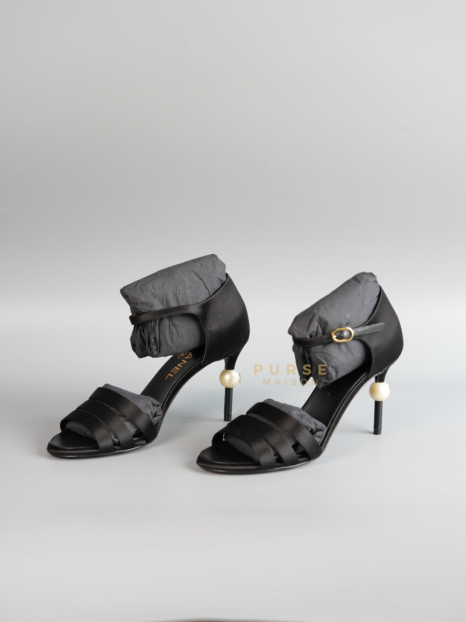 CC Black Strappy Sandals Satin Pearl Heels Size 37 (24cm) | Purse Maison Luxury Bags Shop