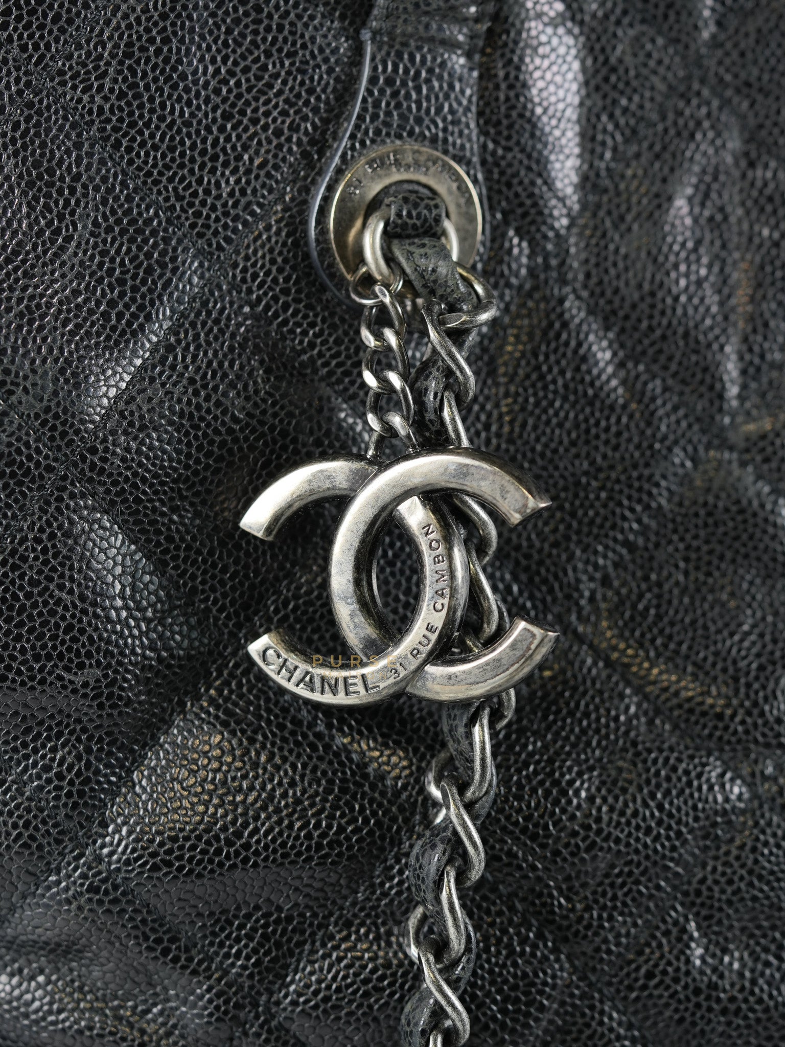CC Crave Tote Black Medium in Black Crumpled Grained Calfskin Quilted Leather (Series 18) | Purse Maison Luxury Bags Shop
