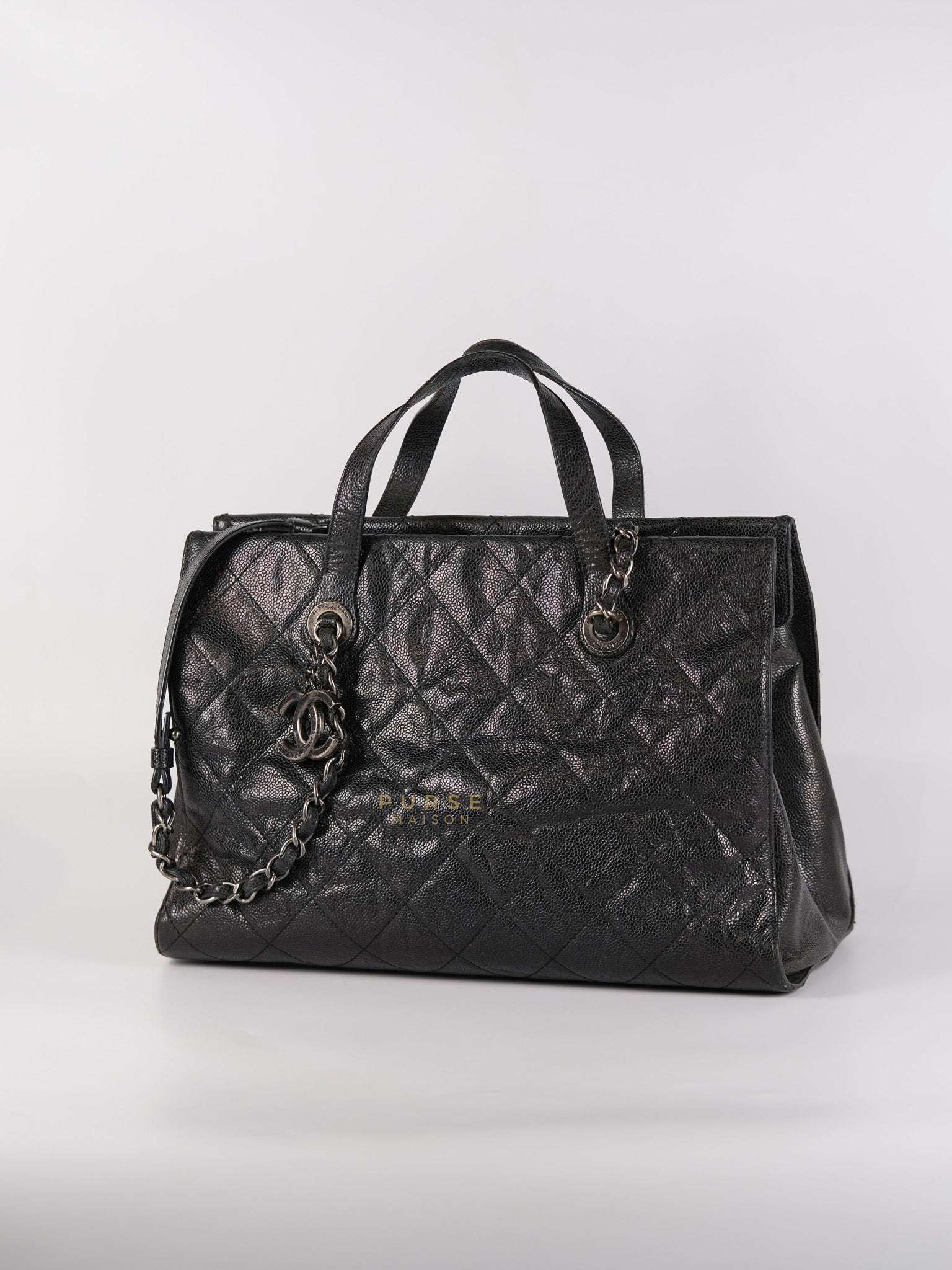 CC Crave Tote Black Medium in Black Crumpled Grained Calfskin Quilted Leather (Series 18) | Purse Maison Luxury Bags Shop