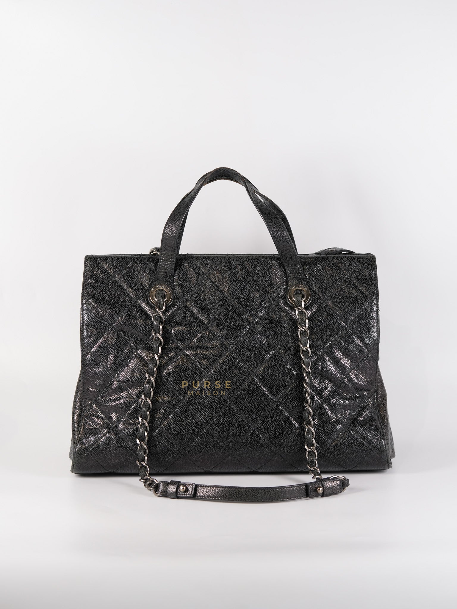 CC Crave Tote Black Medium in Black Crumpled Grained Calfskin Quilted Leather (Series 18) | Purse Maison Luxury Bags Shop