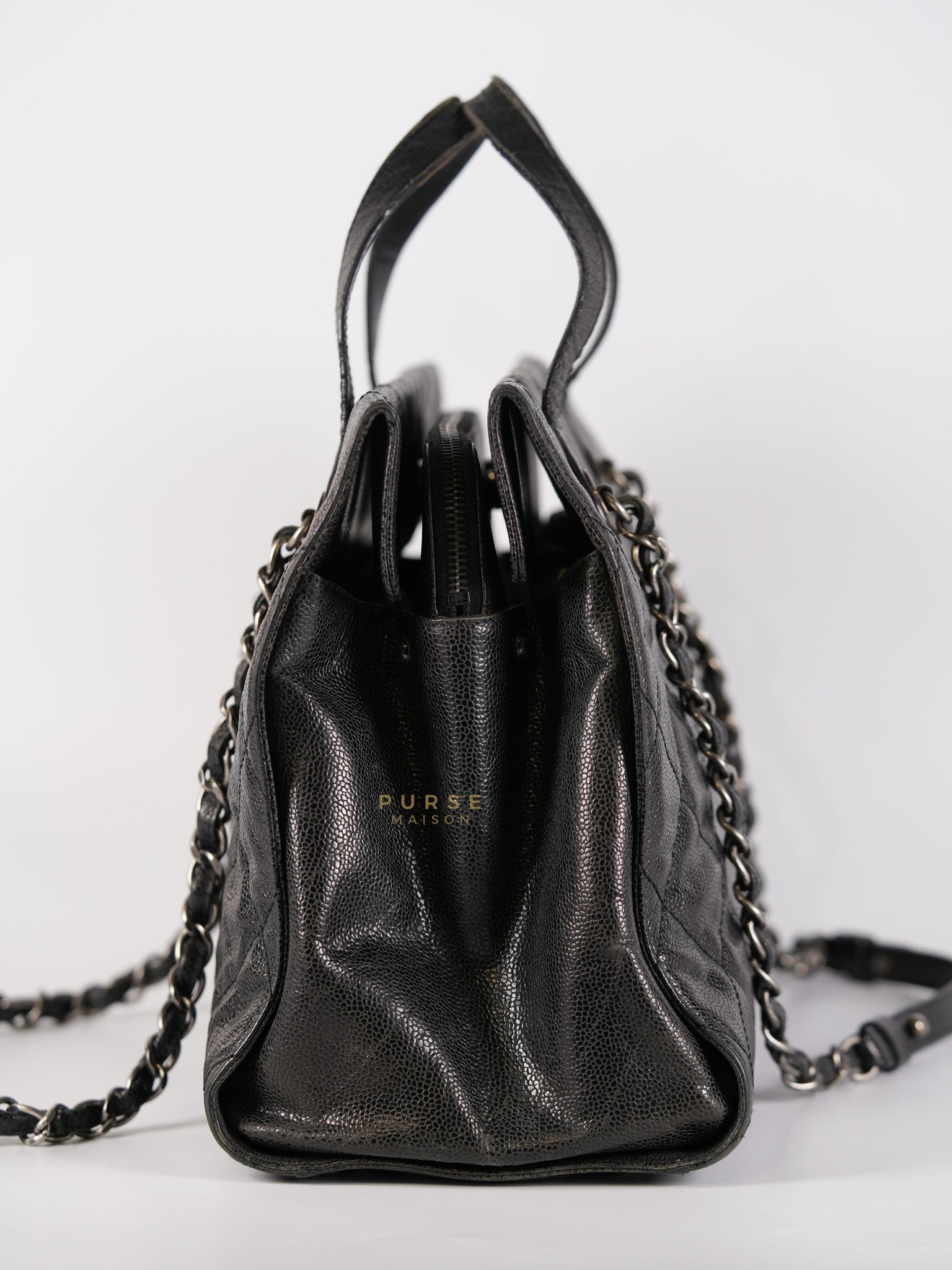 CC Crave Tote Black Medium in Black Crumpled Grained Calfskin Quilted Leather (Series 18) | Purse Maison Luxury Bags Shop