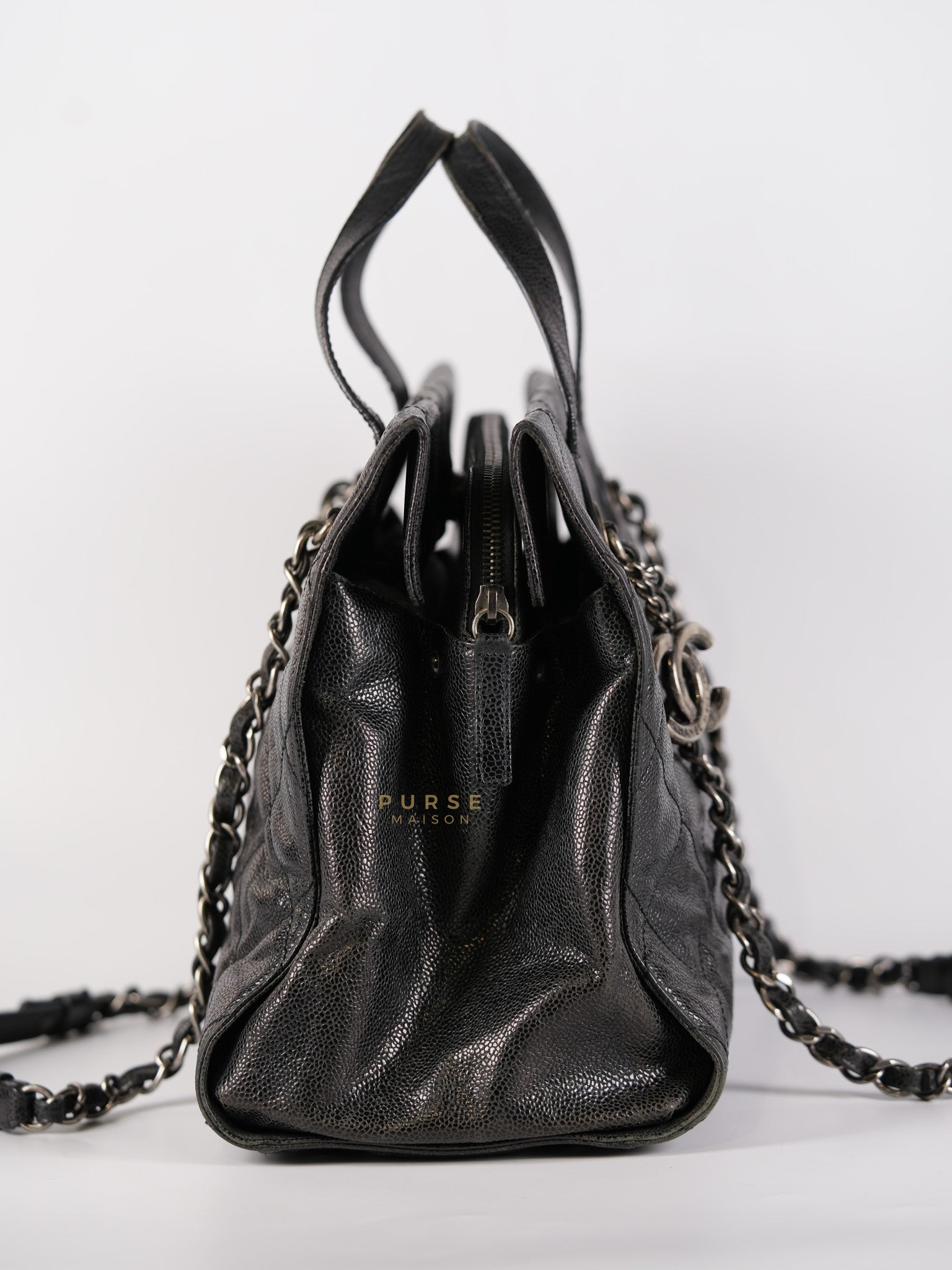 CC Crave Tote Black Medium in Black Crumpled Grained Calfskin Quilted Leather (Series 18) | Purse Maison Luxury Bags Shop