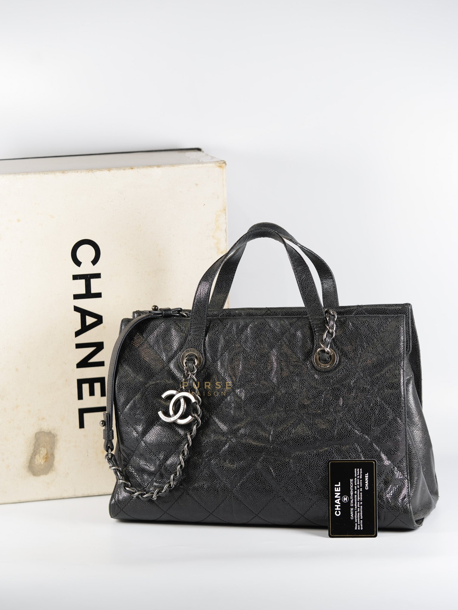 CC Crave Tote Black Medium in Black Crumpled Grained Calfskin Quilted Leather (Series 18) | Purse Maison Luxury Bags Shop