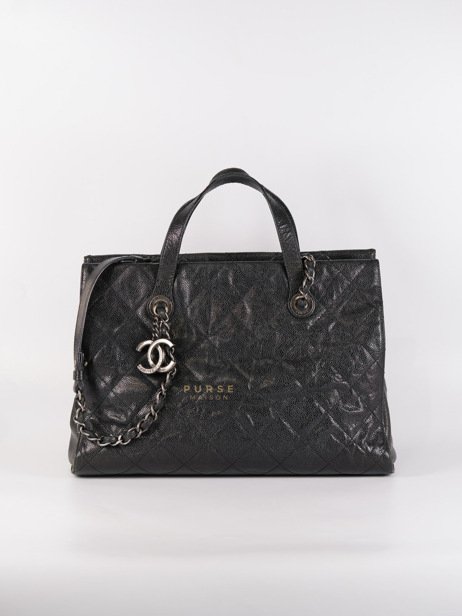 CC Crave Tote Black Medium in Black Crumpled Grained Calfskin Quilted Leather (Series 18) | Purse Maison Luxury Bags Shop