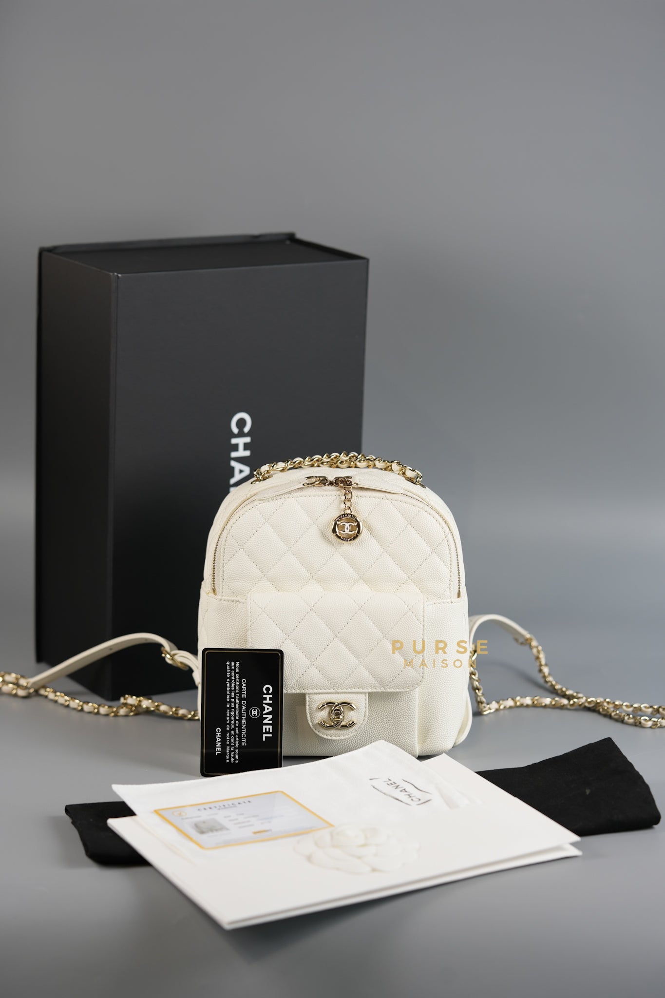 CC Day Backpack Small in Ivory Quilted Caviar Leather & Light Gold Hardware Series 26 | Purse Maison Luxury Bags Shop