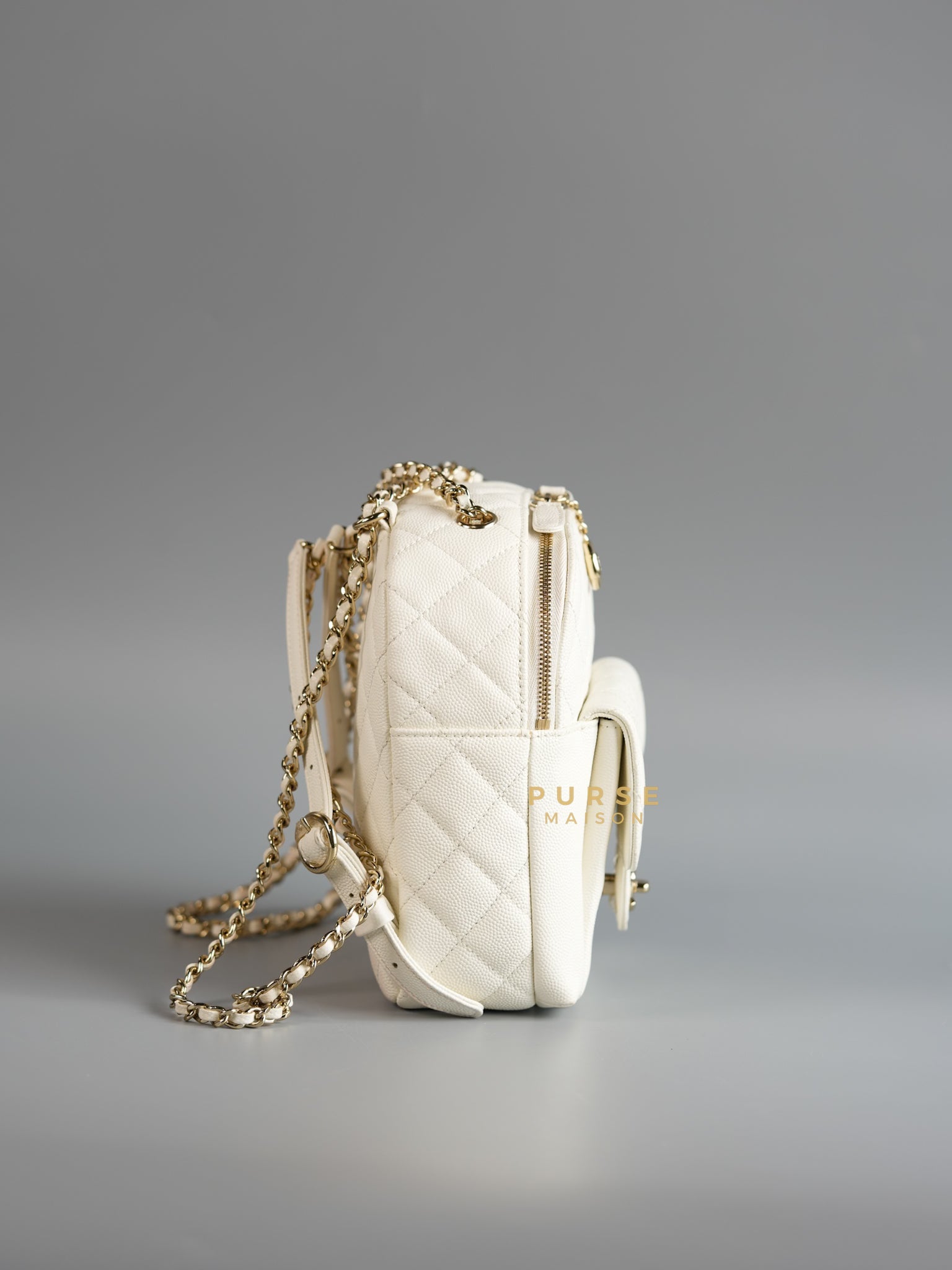 CC Day Backpack Small in Ivory Quilted Caviar Leather & Light Gold Hardware Series 26 | Purse Maison Luxury Bags Shop