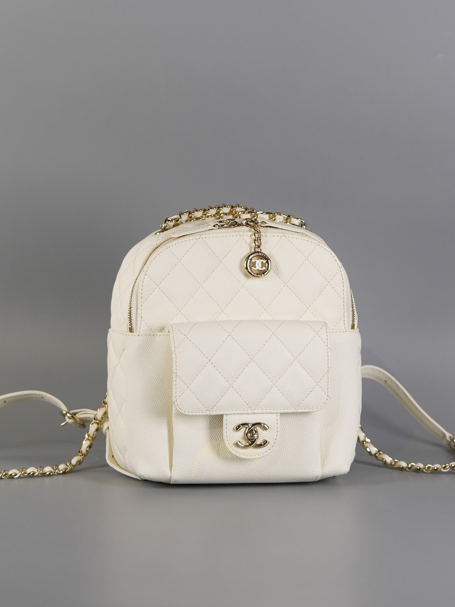 CC Day Mini Backpack in White Caviar Leather Light Gold Hardware Series 26 | Purse Maison Luxury Bags Shop