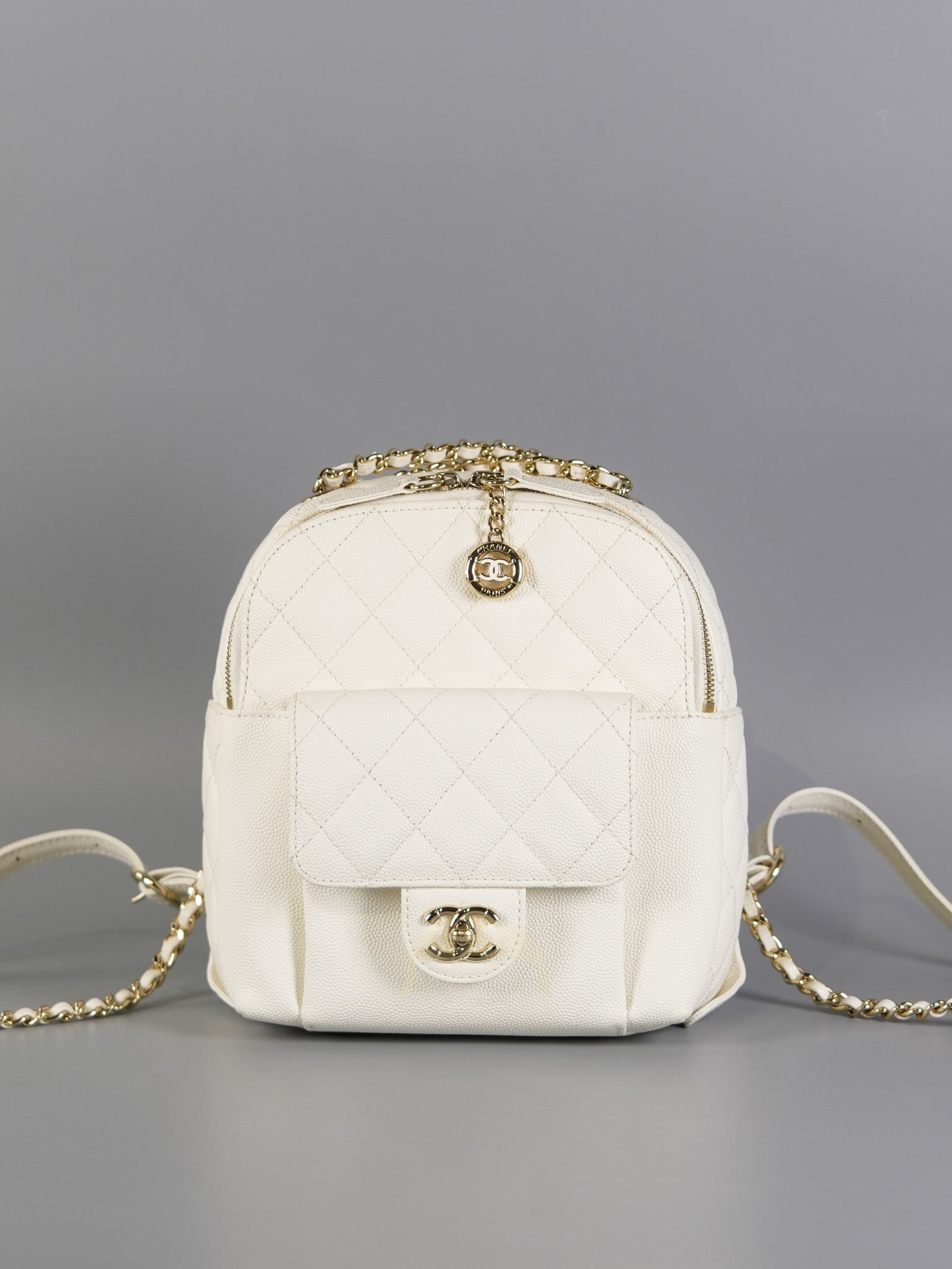 CC Day Mini Backpack in White Caviar Leather Light Gold Hardware Series 26 | Purse Maison Luxury Bags Shop