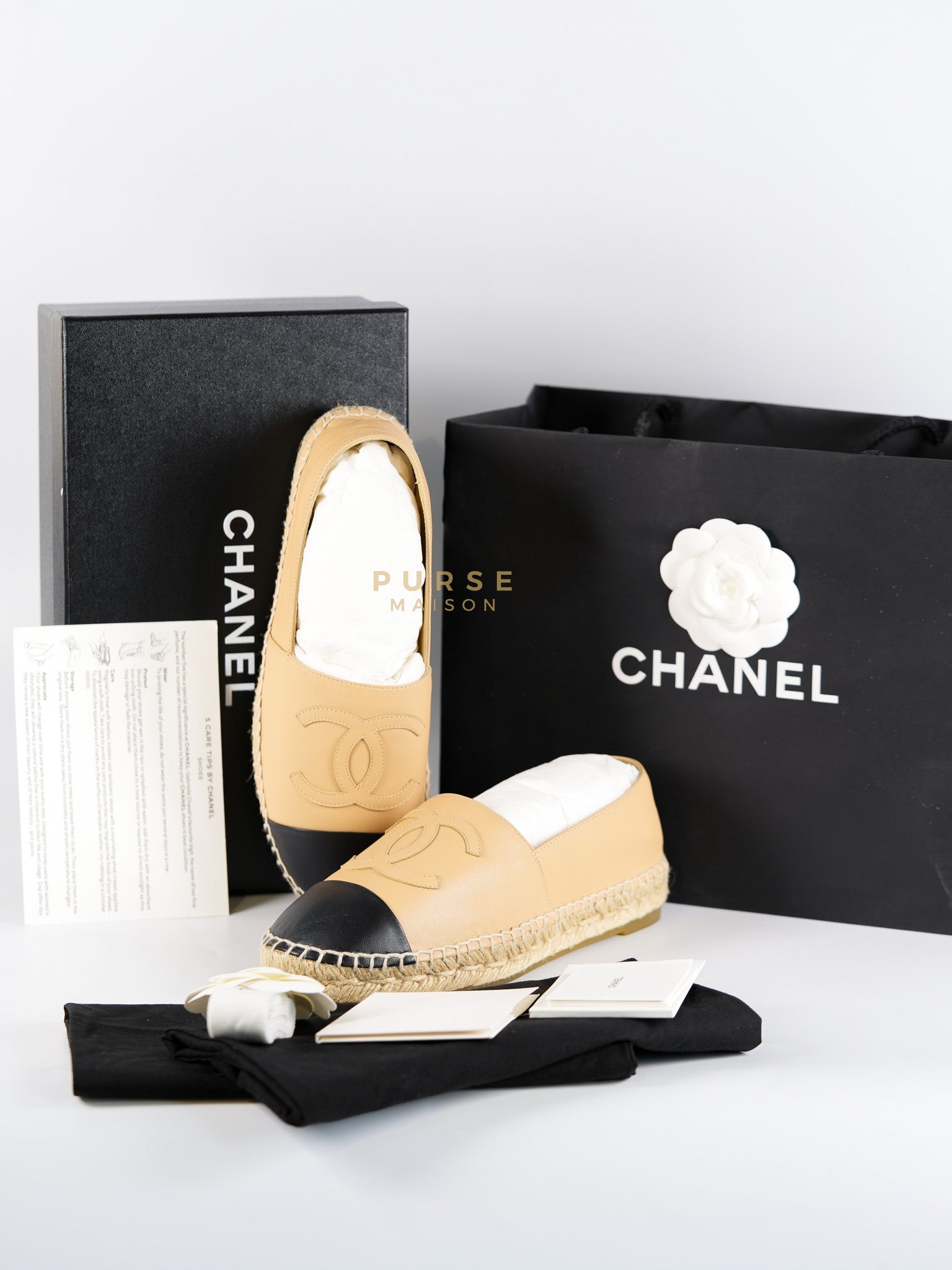 CC Espadrillles Shoes in Black & Beige Lambskin Leather Size 38 Eu (24cm) | Purse Maison Luxury Bags Shop
