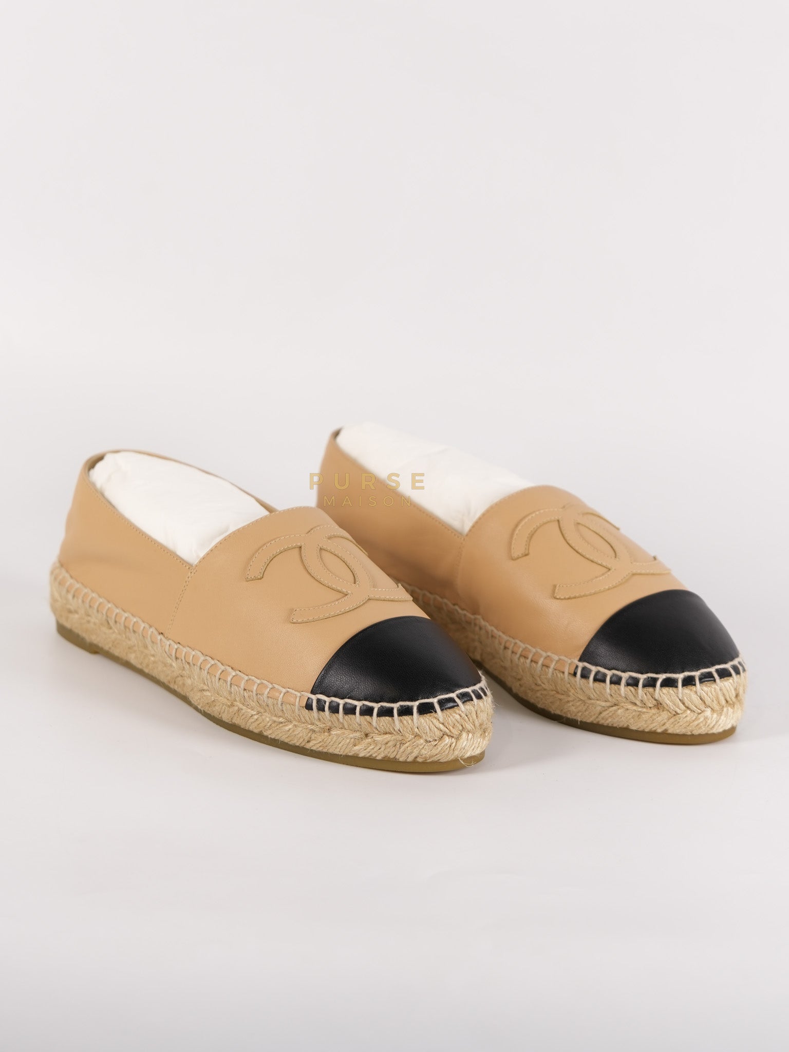 CC Espadrillles Shoes in Black & Beige Lambskin Leather Size 38 Eu (24cm) | Purse Maison Luxury Bags Shop