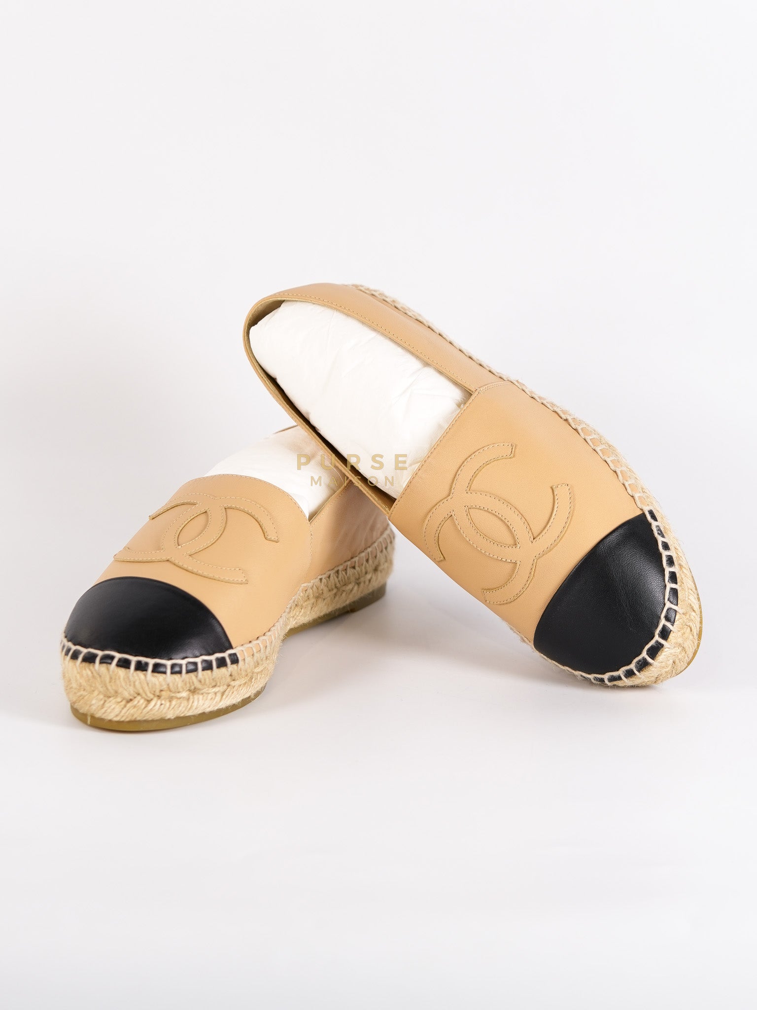 CC Espadrillles Shoes in Black & Beige Lambskin Leather Size 38 Eu (24cm) | Purse Maison Luxury Bags Shop