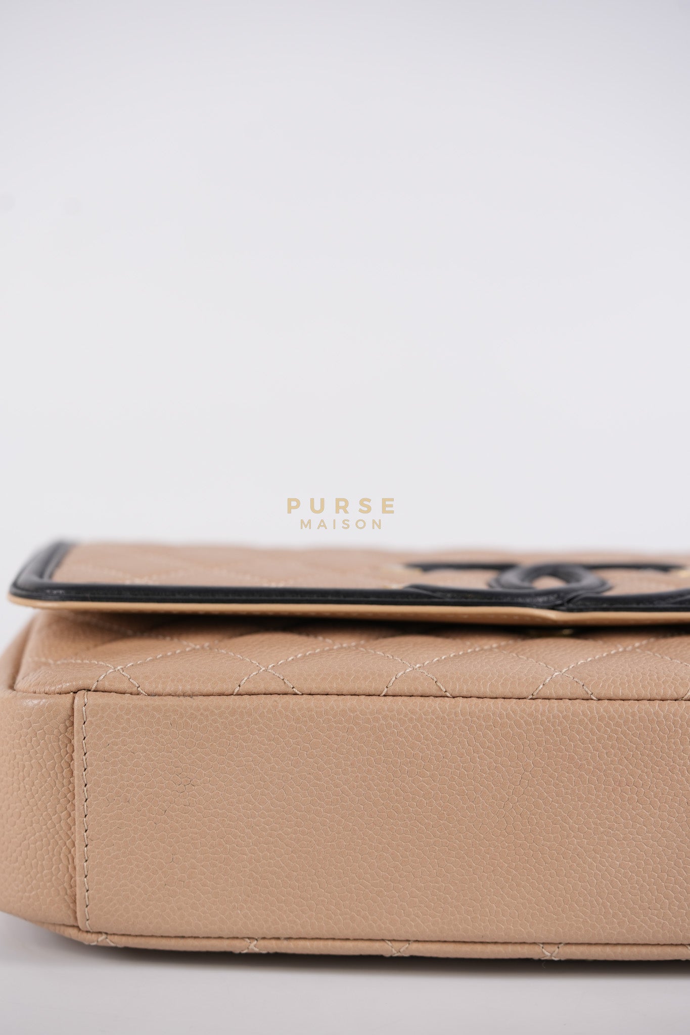 CC Filigree Flap Medium in Beige Caviar Leather Aged Gold Hardware (Series 24) | Purse Maison Luxury Bags Shop