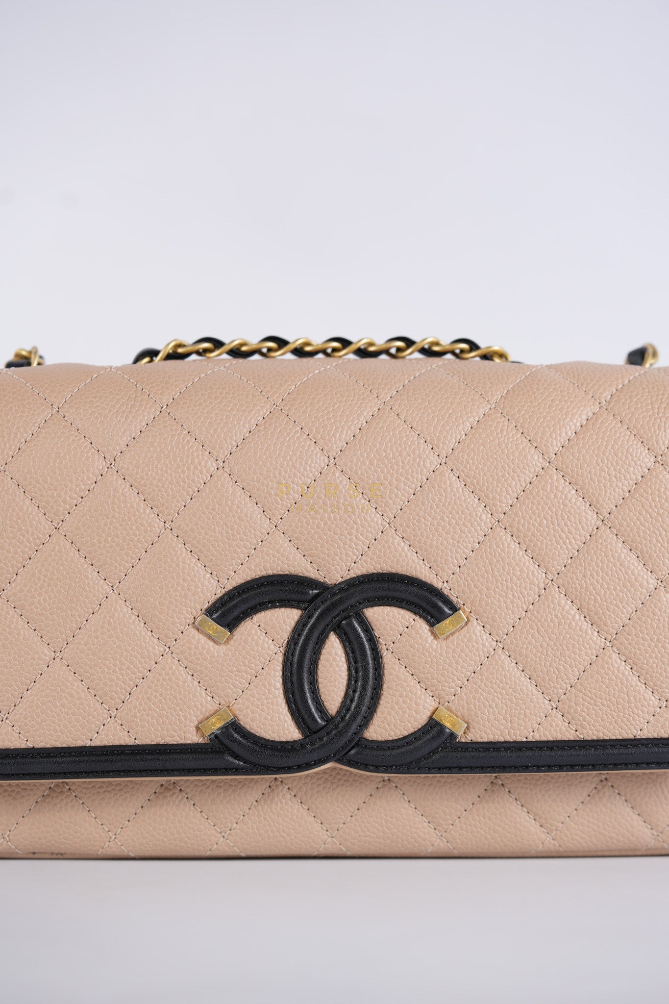 CC Filigree Flap Medium in Beige Caviar Leather Aged Gold Hardware (Series 24) | Purse Maison Luxury Bags Shop
