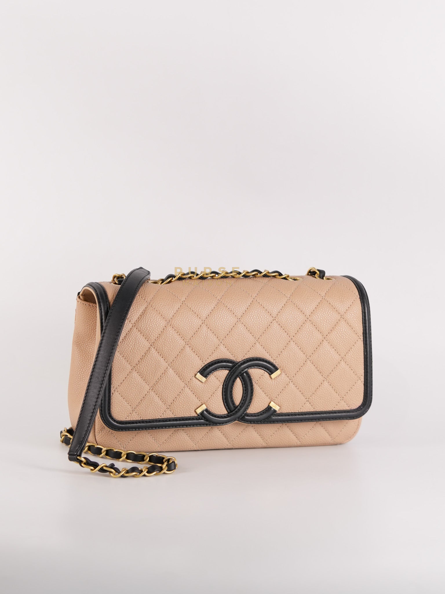 CC Filigree Flap Medium in Beige Caviar Leather Aged Gold Hardware (Series 24) | Purse Maison Luxury Bags Shop