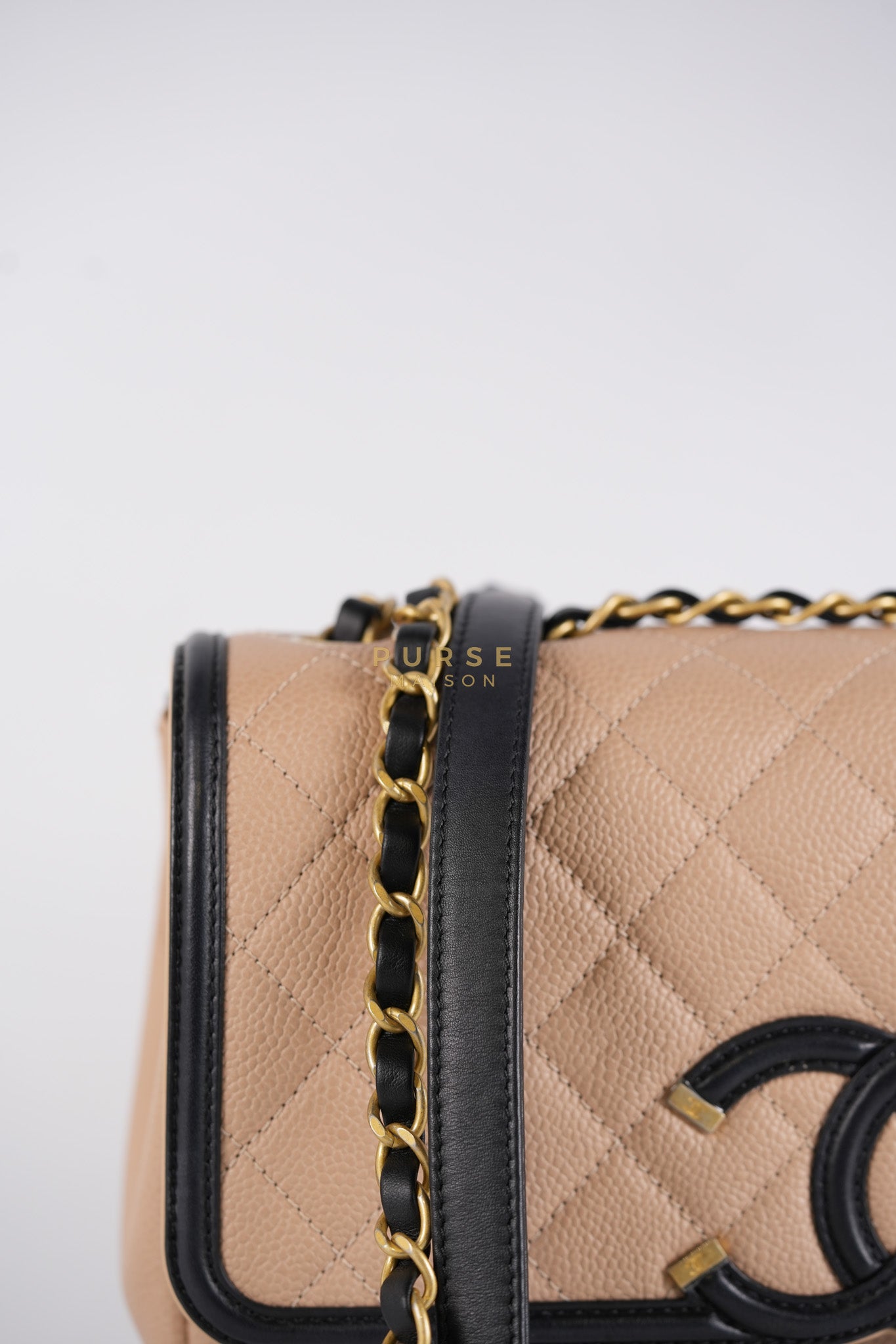 CC Filigree Flap Medium in Beige Caviar Leather Aged Gold Hardware (Series 24) | Purse Maison Luxury Bags Shop