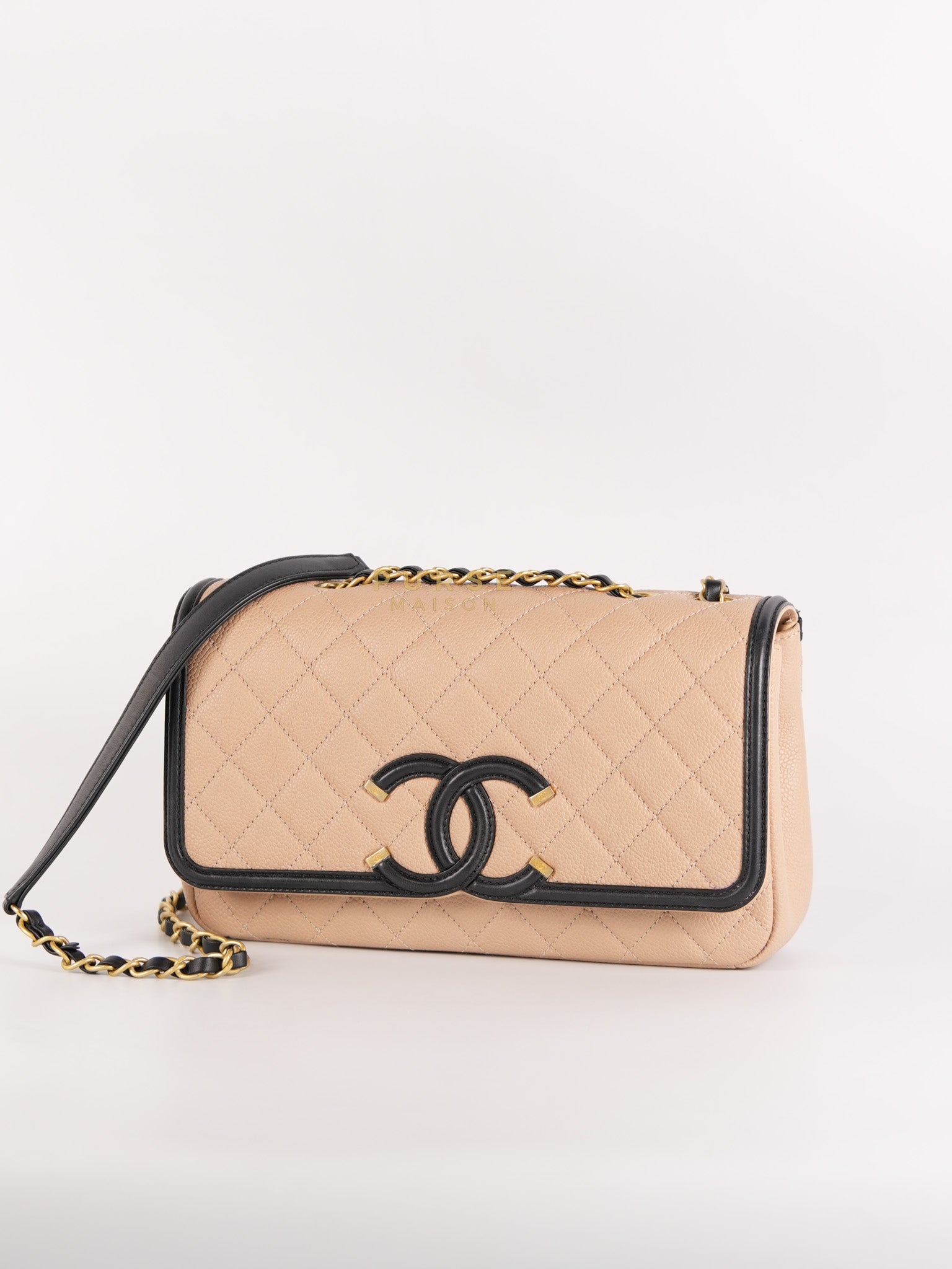 CC Filigree Flap Medium in Beige Caviar Leather Aged Gold Hardware (Series 24) | Purse Maison Luxury Bags Shop