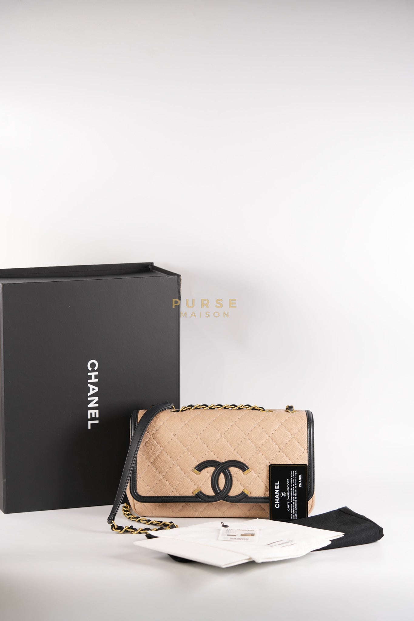 CC Filigree Flap Medium in Beige Caviar Leather Aged Gold Hardware (Series 24) | Purse Maison Luxury Bags Shop