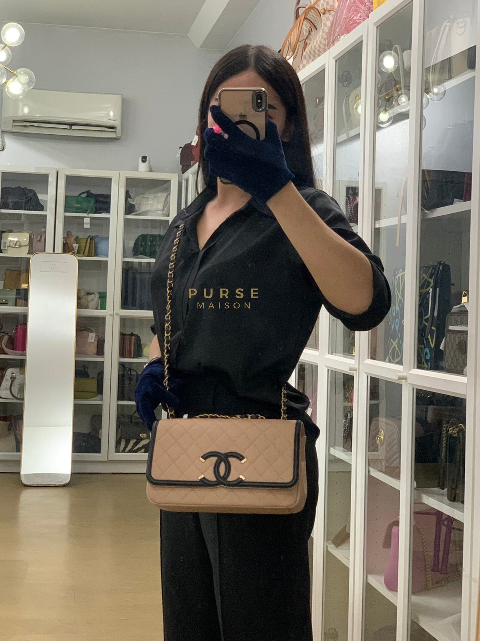 CC Filigree Flap Medium in Beige Caviar Leather Aged Gold Hardware (Series 24) | Purse Maison Luxury Bags Shop