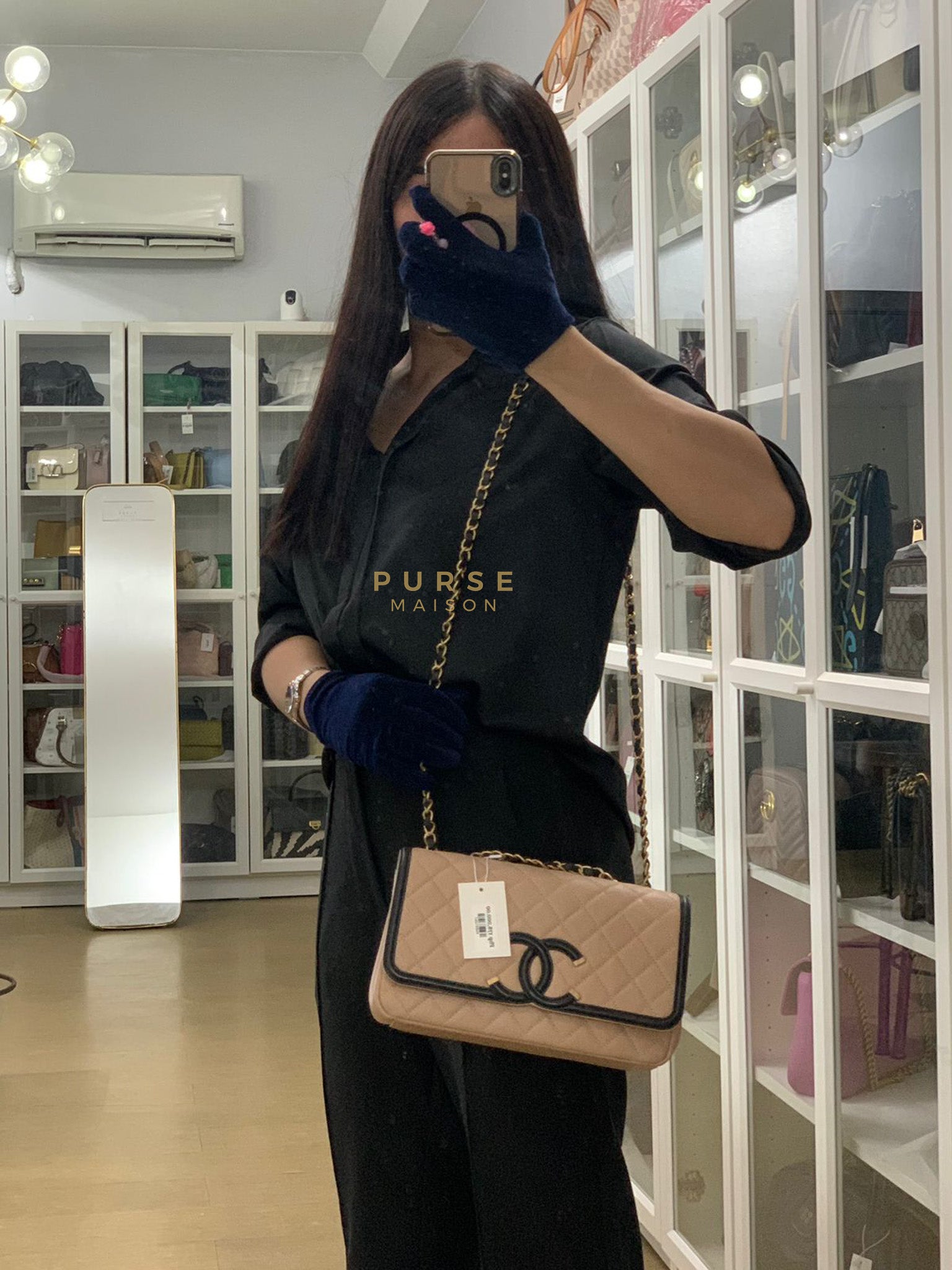 CC Filigree Flap Medium in Beige Caviar Leather Aged Gold Hardware (Series 24) | Purse Maison Luxury Bags Shop