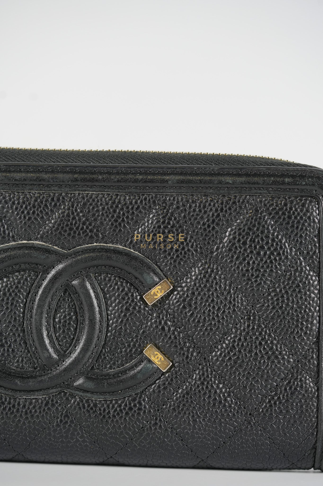 CC Filigree Long Wallet in Black Caviar Leather & Light Gold Hardware Series 26 | Purse Maison Luxury Bags Shop