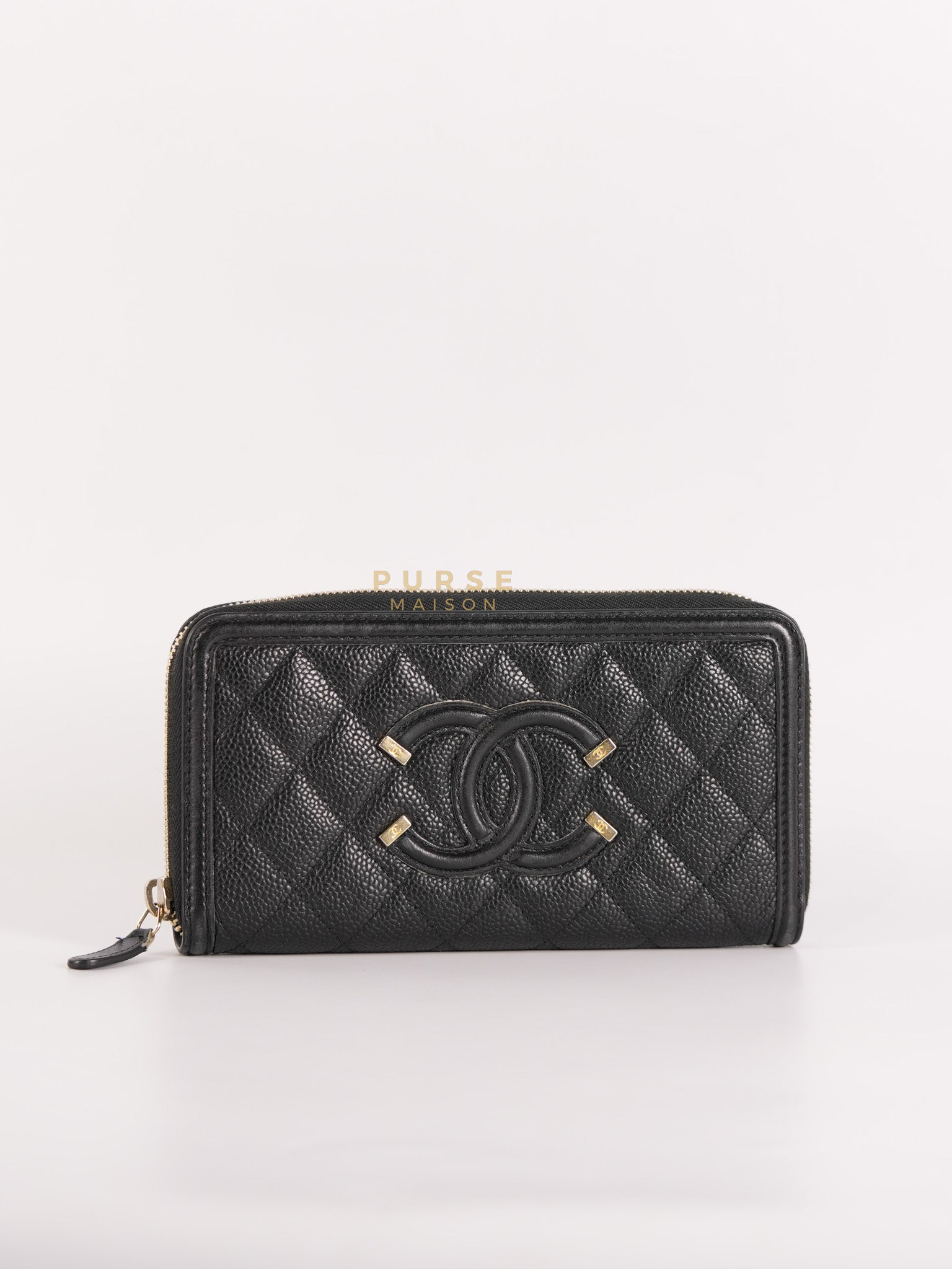 CC Filigree Long Wallet in Black Caviar Leather & Light Gold Hardware Series 26 | Purse Maison Luxury Bags Shop