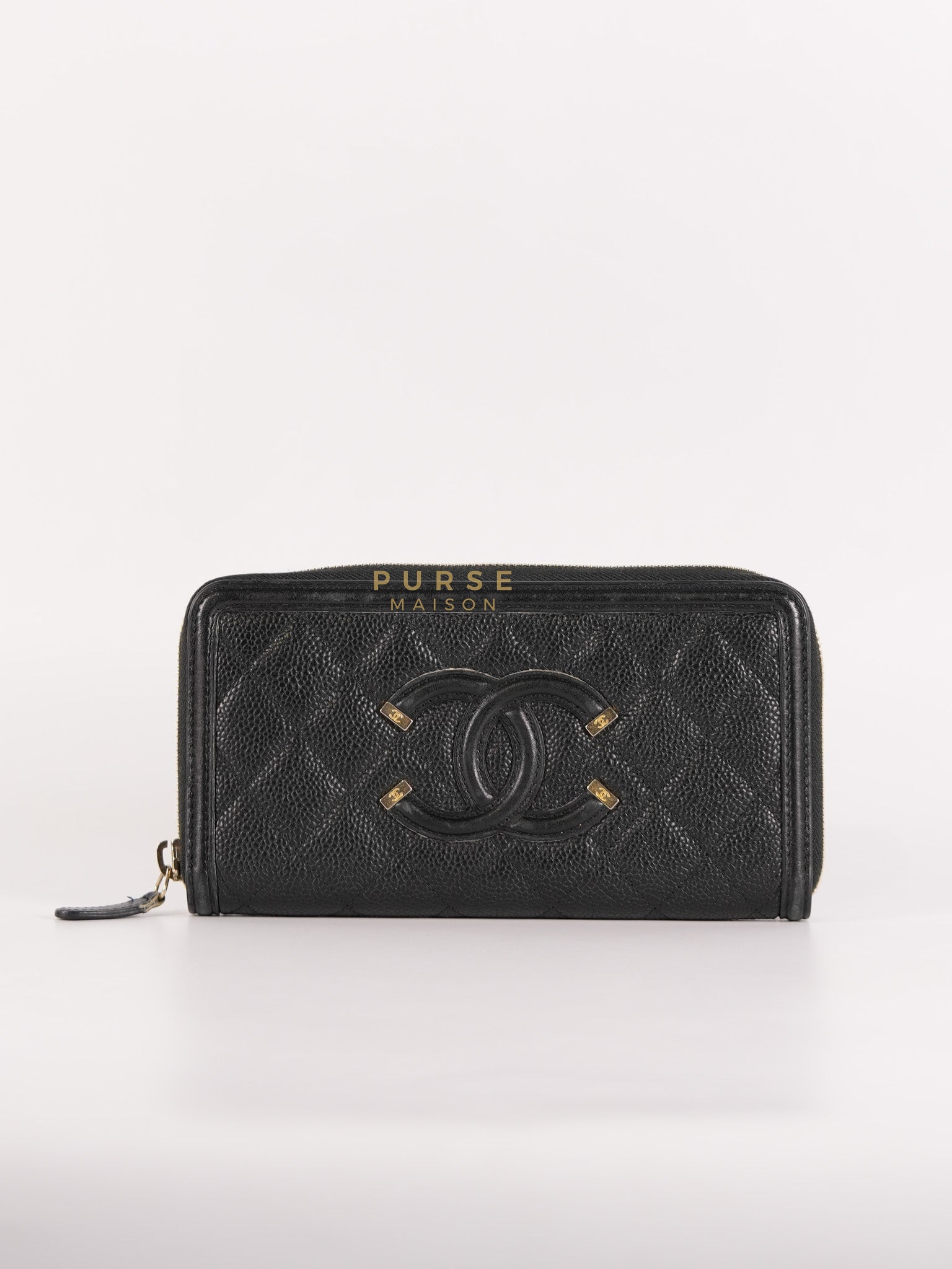CC Filigree Long Wallet in Black Caviar Leather & Light Gold Hardware Series 26 | Purse Maison Luxury Bags Shop