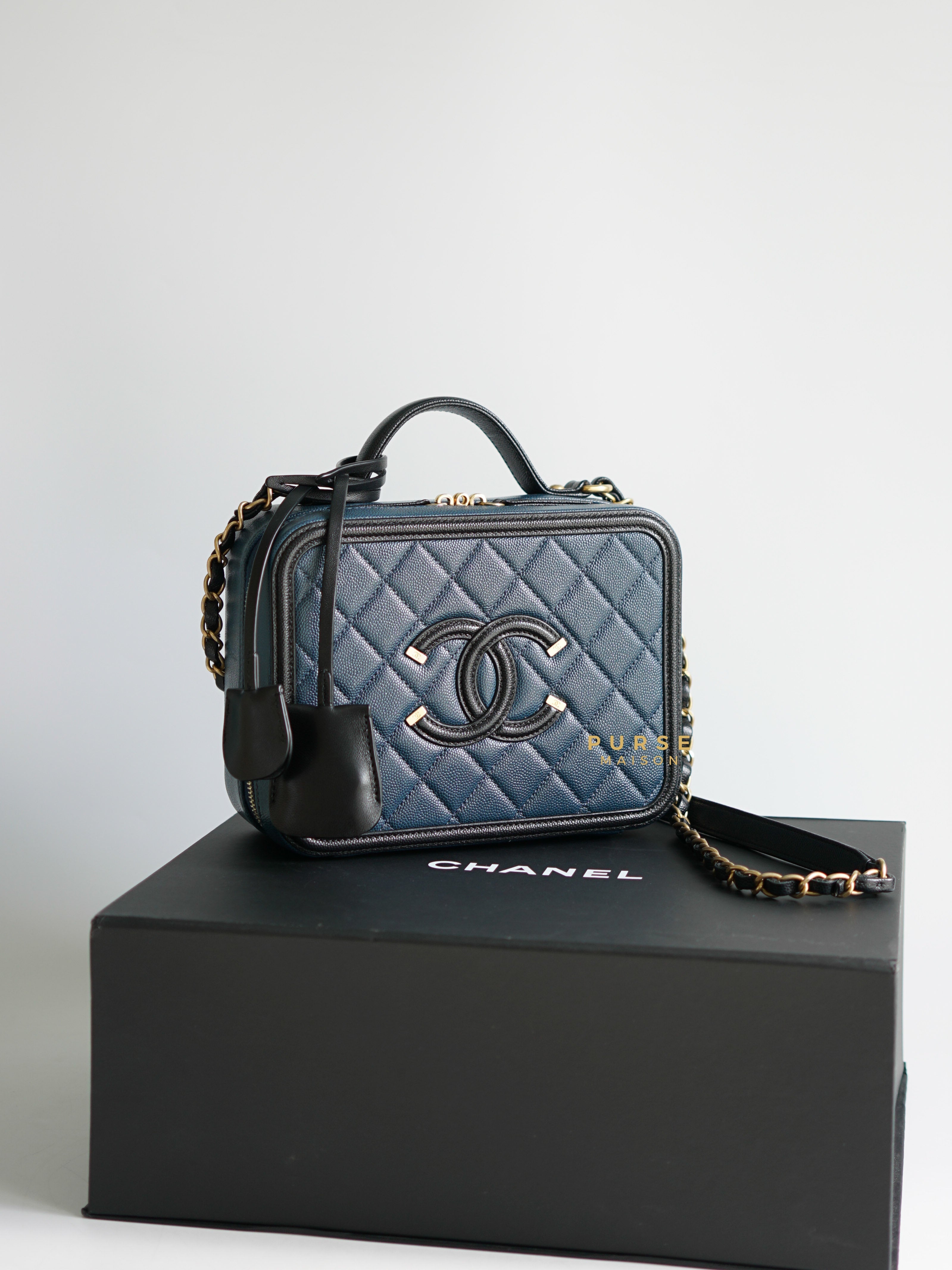 Chanel CC Filigree Medium Vanity Bag in Blue/Black Caviar Leather and Aged Gold Hardware Series 28 | Purse Maison Luxury Bags Shop