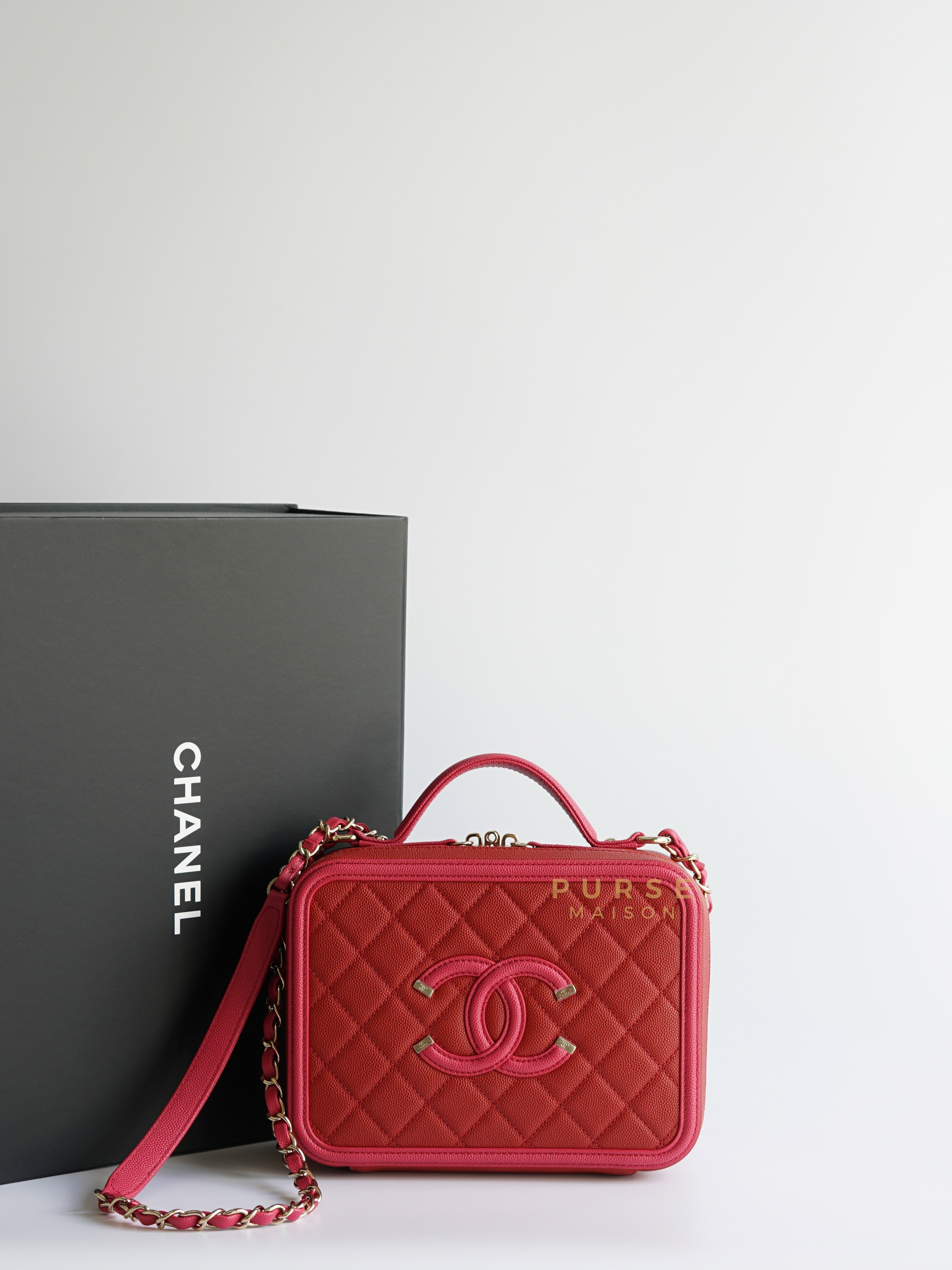 CC Filigree Medium Vanity Bag in Red/Pink Caviar Leather and Gold Hardware Series 29 | Purse Maison Luxury Bags Shop