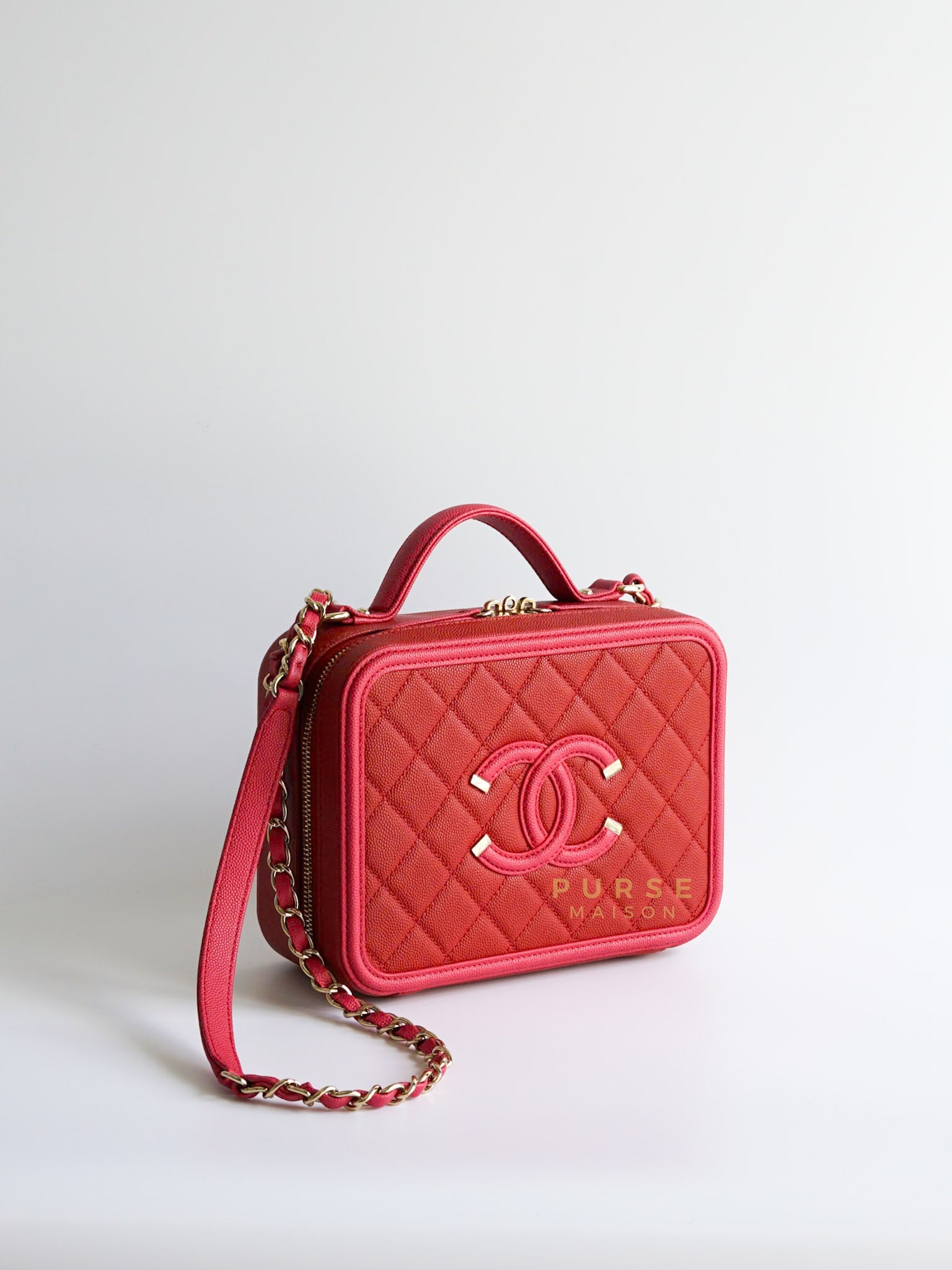 CC Filigree Medium Vanity Bag in Red/Pink Caviar Leather and Gold Hardware Series 29 | Purse Maison Luxury Bags Shop