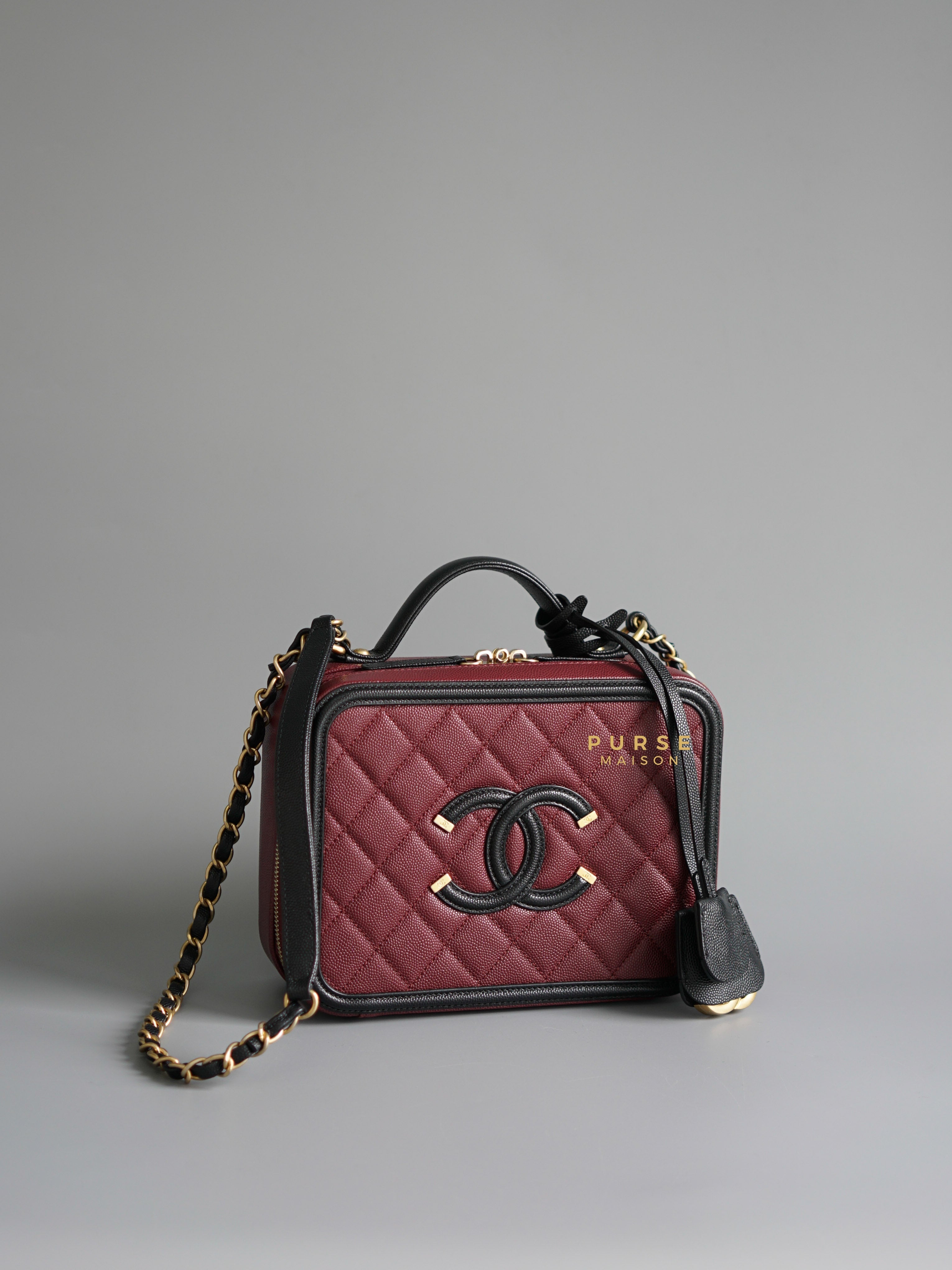Chanel CC Filigree Medium Vanity Bag Maroon/Black Caviar Leather in Aged Gold Hardware Series 28 | Purse Maison Luxury Bags Shop