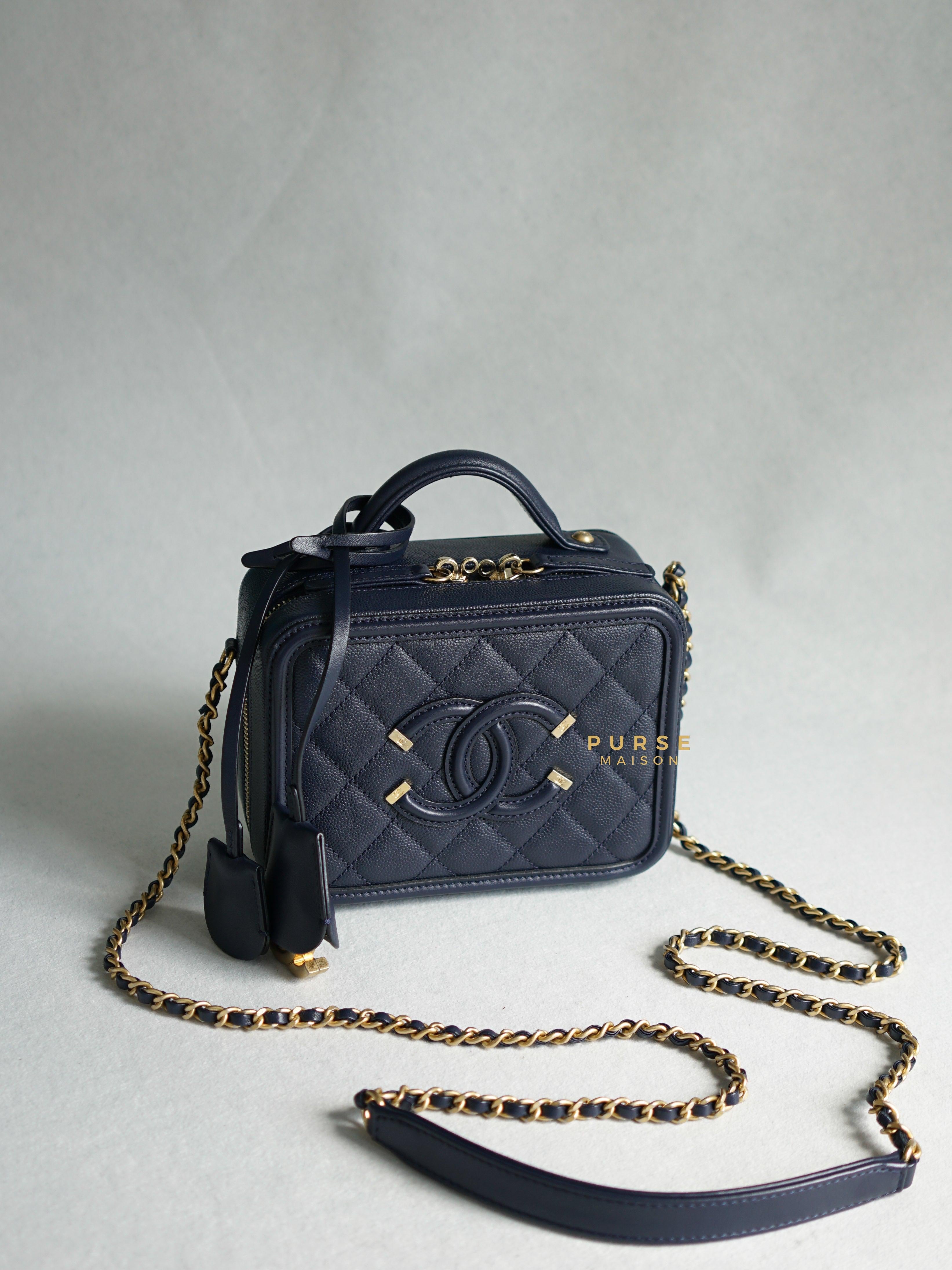 Chanel CC Filigree Small Vanity Navy Blue Caviar Leather in Aged Gold Hardware Series 25 | Purse Maison Luxury Bags Shop