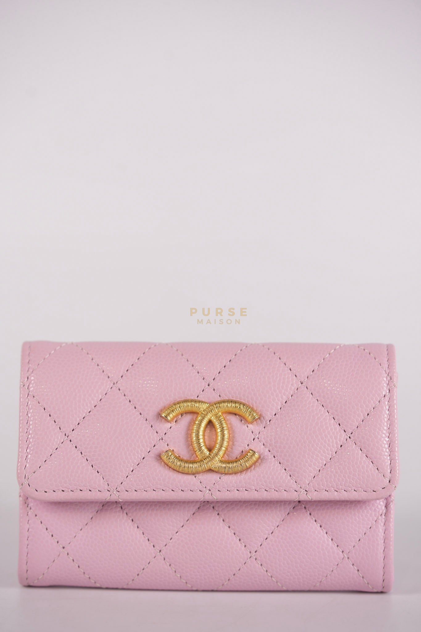 CC Flap Card Holder in Baby Pink Quilted Caviar Leather & Gold Hardware Microchip | Purse Maison Luxury Bags Shop