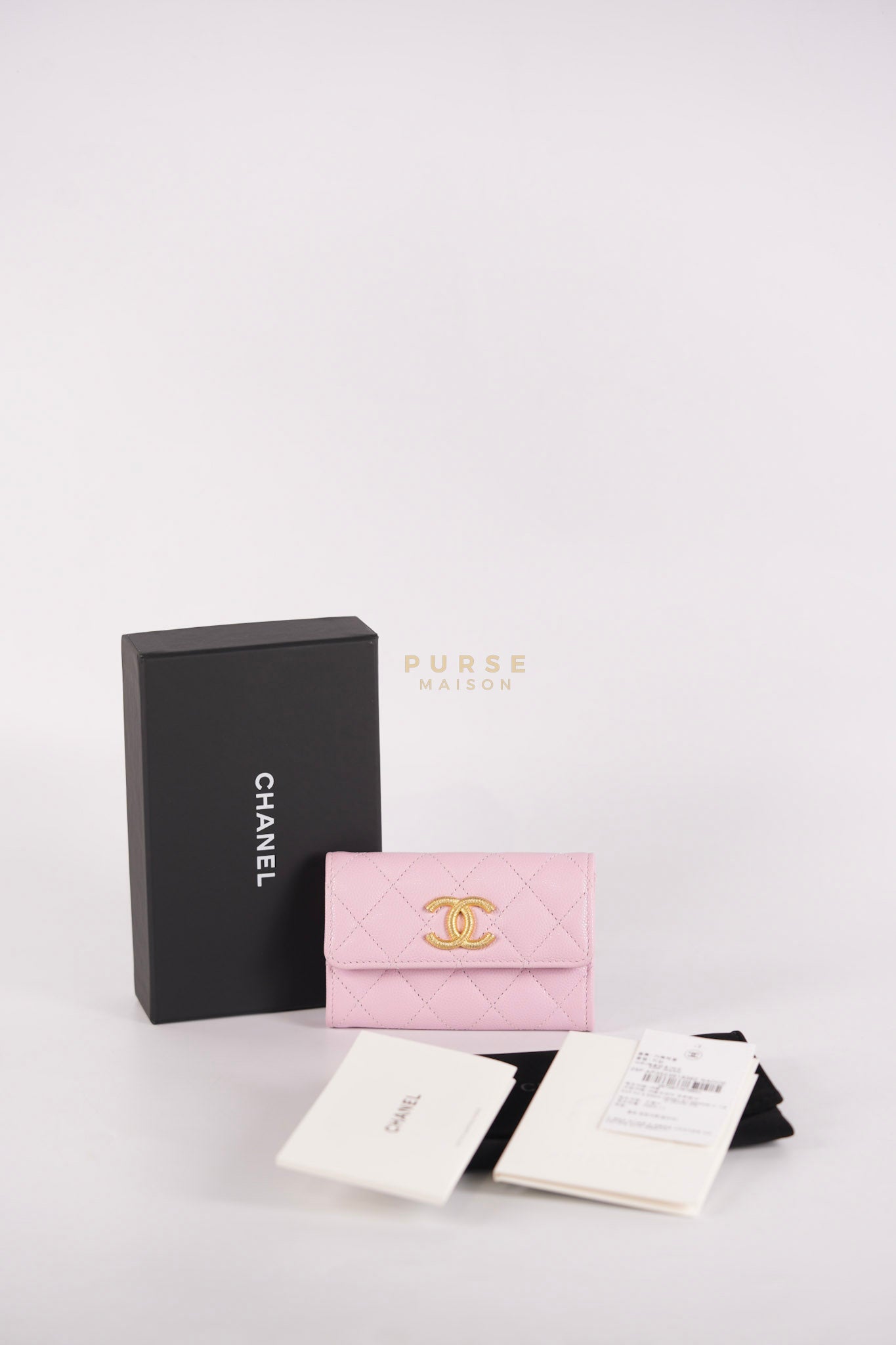 CC Flap Card Holder in Baby Pink Quilted Caviar Leather & Gold Hardware Microchip | Purse Maison Luxury Bags Shop