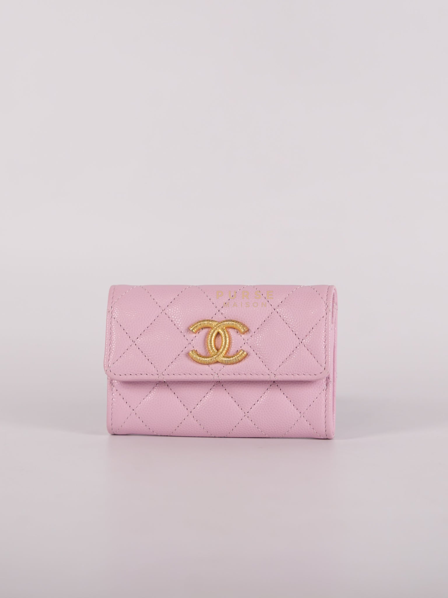 CC Flap Card Holder in Baby Pink Quilted Caviar Leather & Gold Hardware Microchip | Purse Maison Luxury Bags Shop