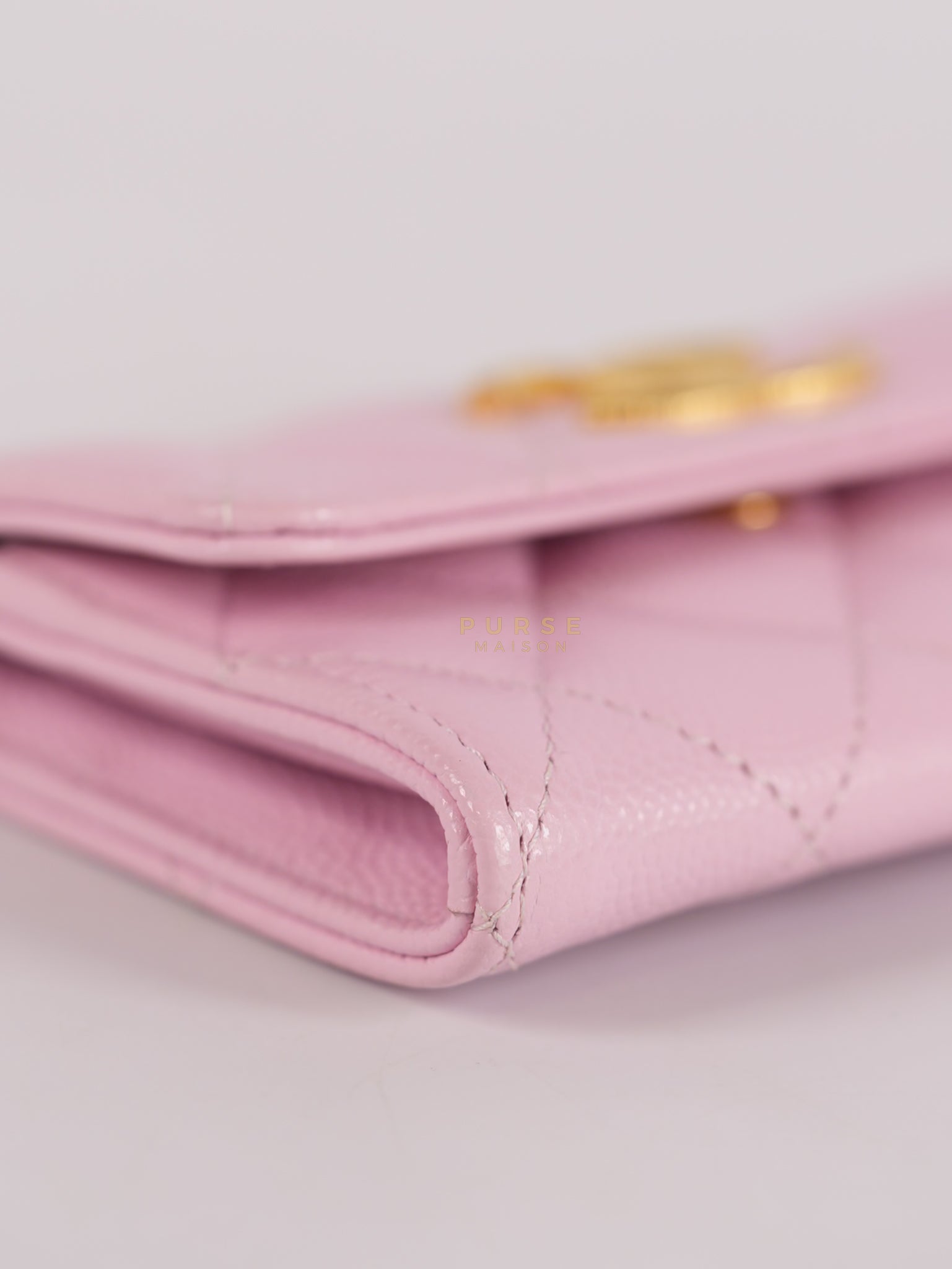 CC Flap Card Holder in Baby Pink Quilted Caviar Leather & Gold Hardware Microchip | Purse Maison Luxury Bags Shop