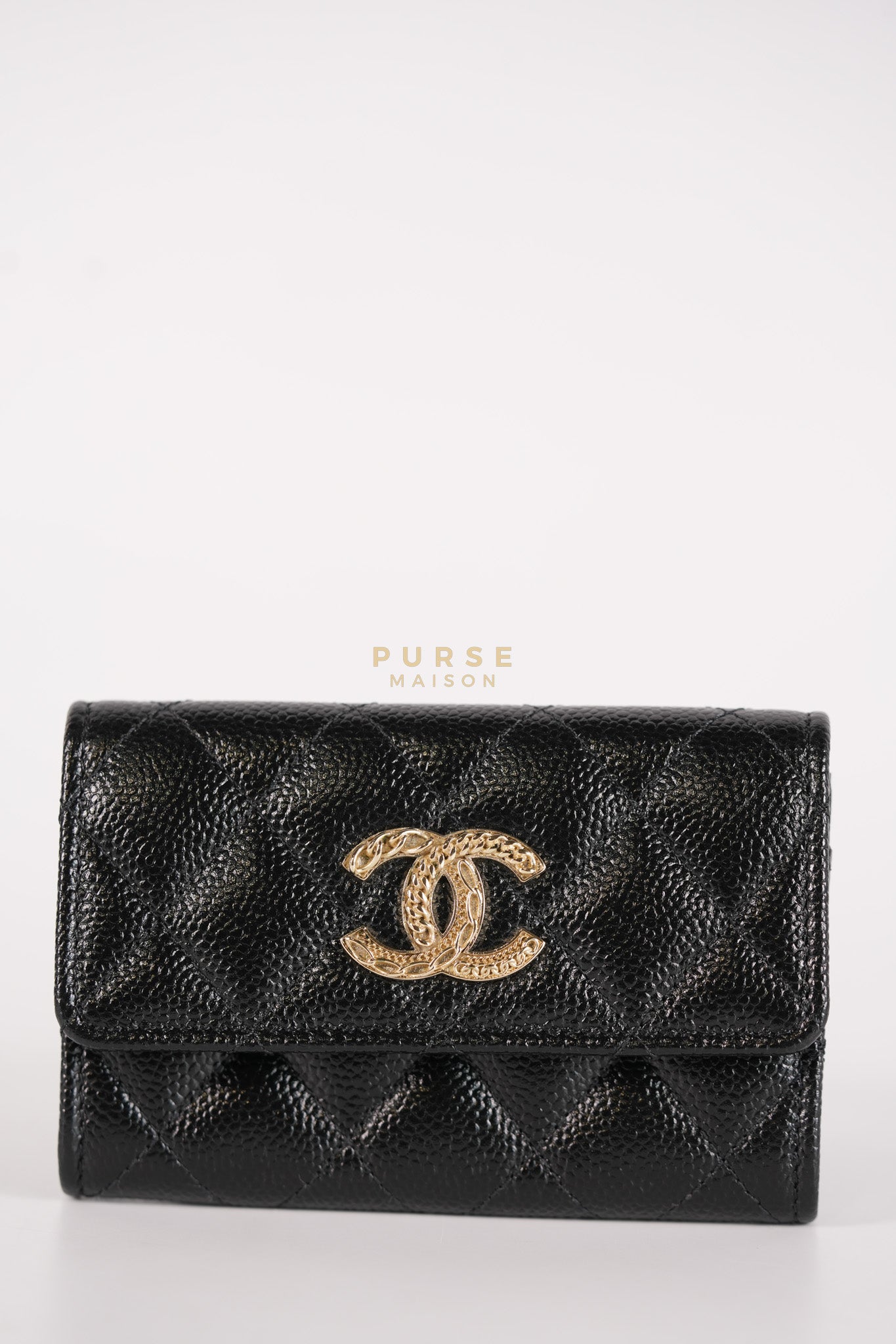 CC Flap Card Holder In Black Caviar Leather & Light Gold Hardware Microchip | Purse Maison Luxury Bags Shop