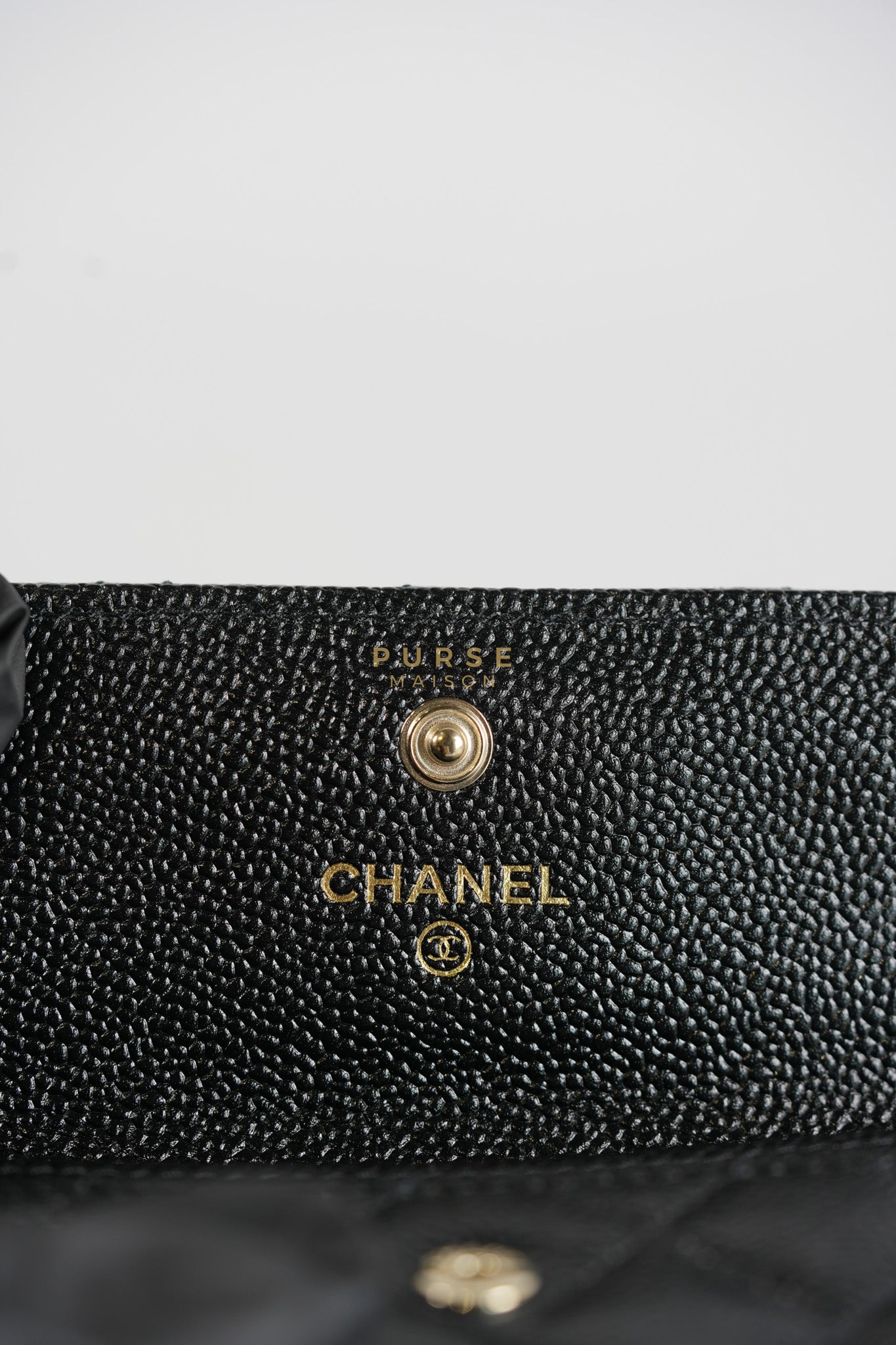 CC Flap Card Holder In Black Caviar Leather & Light Gold Hardware Microchip | Purse Maison Luxury Bags Shop